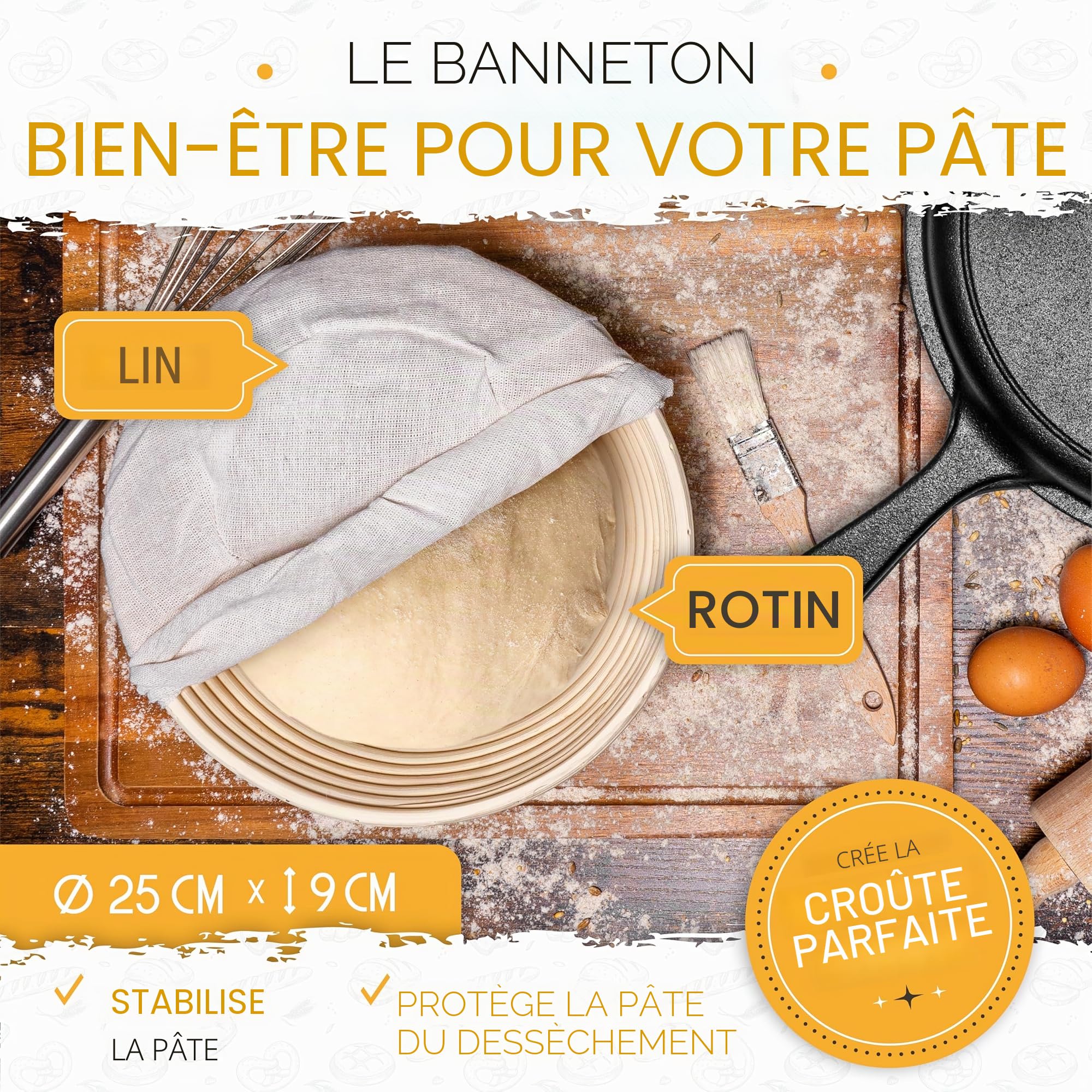 KRUSTENZAUBER Casserole à Pain en Fonte 26 cm avec Panier de Fermentation - Pot Robuste pour Cuisson - Moule Idéal avec Couvercle, Poêle et Accessoires