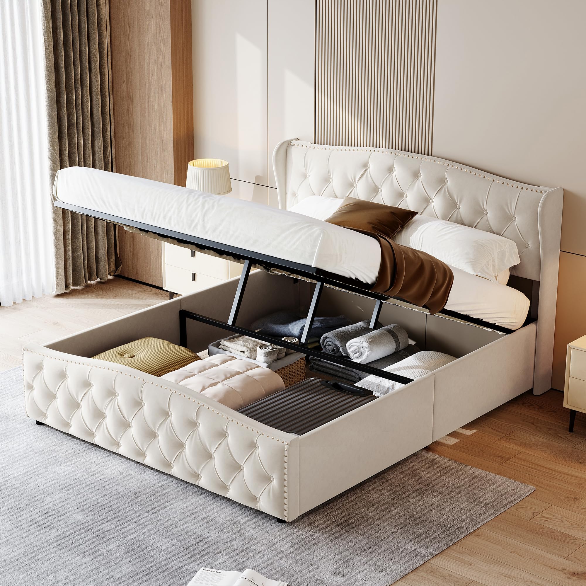 Letto Matrimoniale Imbottito 160 x 200 cm, Sistema di Vano Contenitore Idraulico, Doghe in Legno, Funzionale, Bianco Crema
