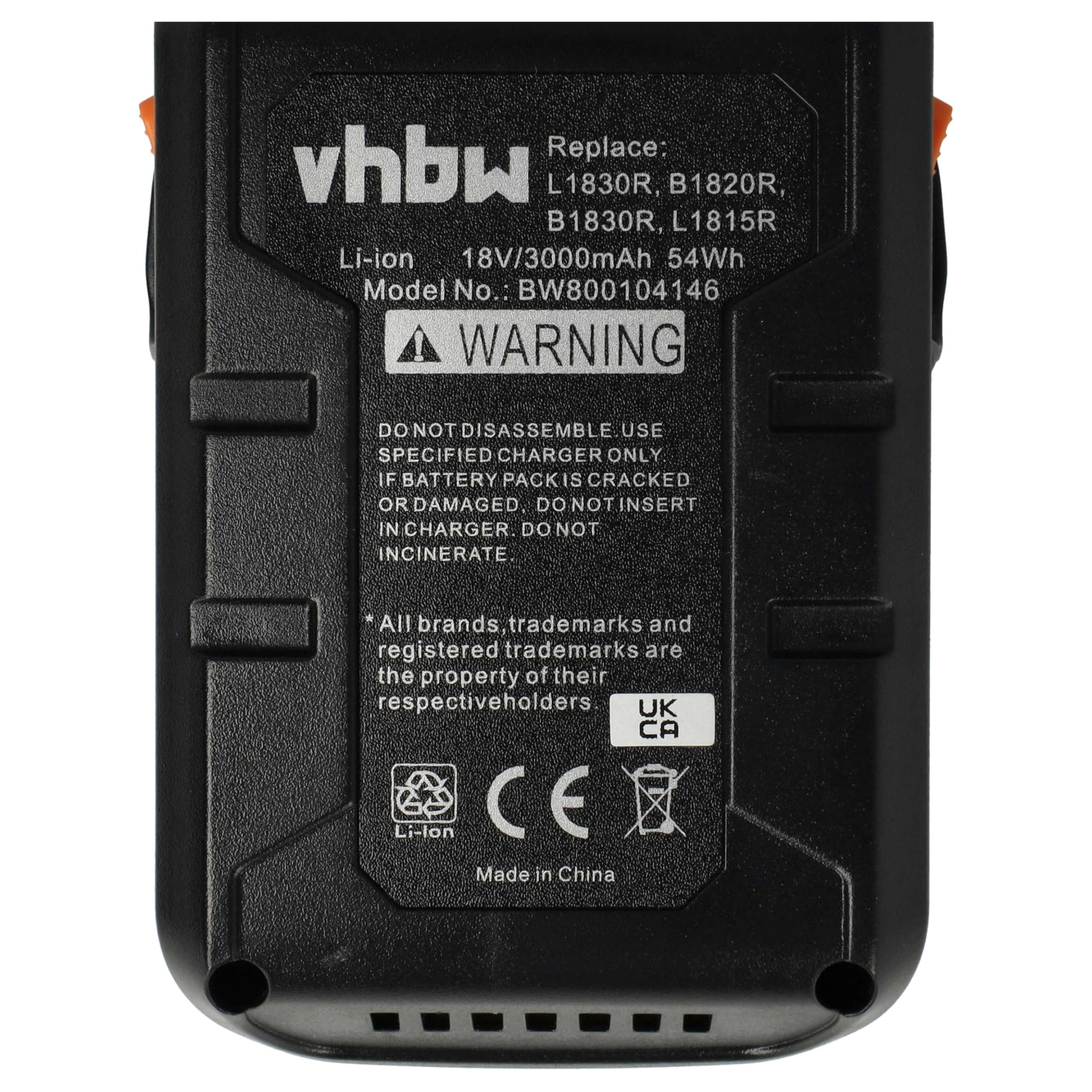 vhbw 1x batteria sostituisce AEG B1814, B1817G, L1830R, B1814G, B1817, L1815R, L1830, L1815, L1840R per utensile elettrico (3000 mAh, Li-Ion, 18 V)
