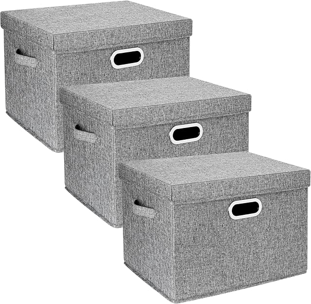 TYEERS Large Storage Box with Lid, Collapsible, Washable, Fabric Storage Box for Clothes, Wardrobe Storage, Toy Storage - Set of 3 - Grey