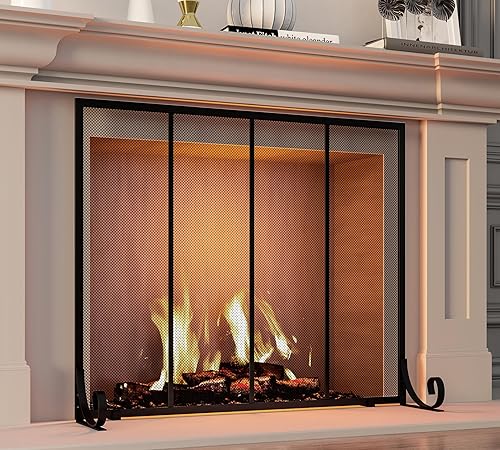 Fire Beauty Pantalla de chimenea de pantalla plana para chimenea, cubierta de puerta de metal forjado para el hogar, valla de seguridad de malla