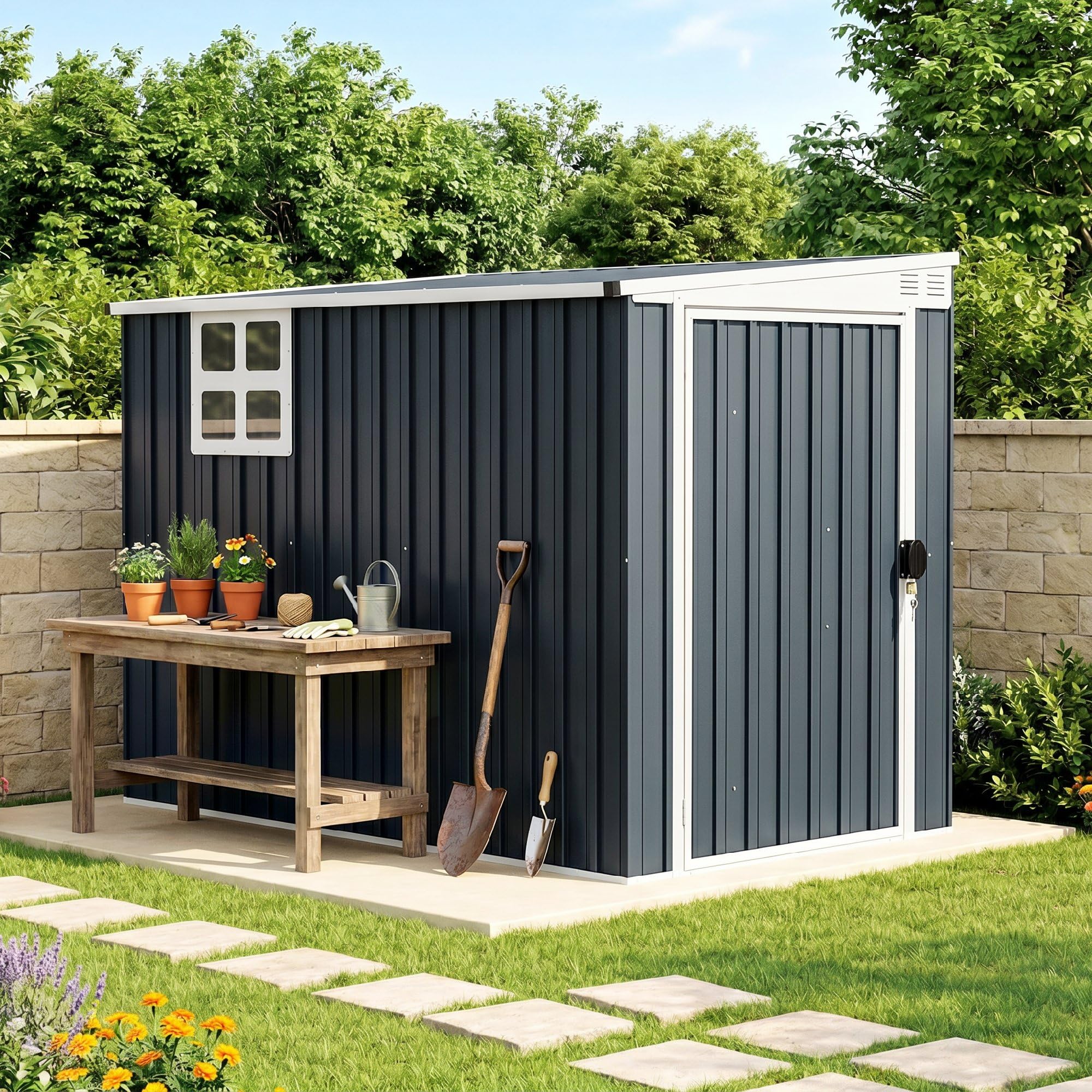 Outsunny Metall Gerätehaus 2,7m² 128x231x181cm Geräteschuppen mit Pultdach wetterfest Dunkelgrau