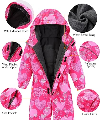 Girls Boys One Piece Snowsuit Waterproof Windproof Ski Snow Hooded Coveralls(Rose Hearts,3T)