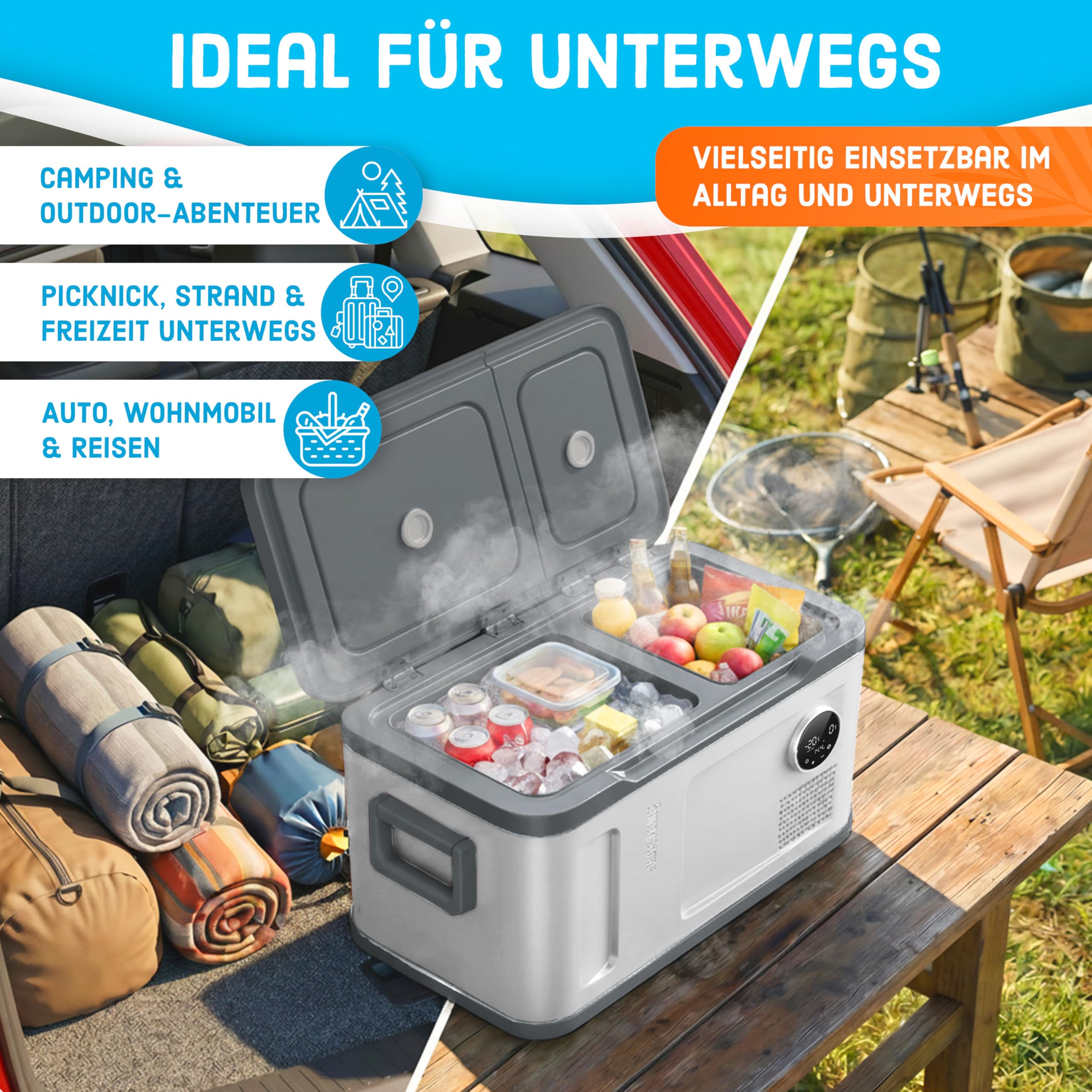 KESSER Kompressor Kühlbox 2in1 Doppelzone Kühl & Gefrierfach elektrische Gefrierbox -20°C 12/24V 230V Camping Auto Lkw
