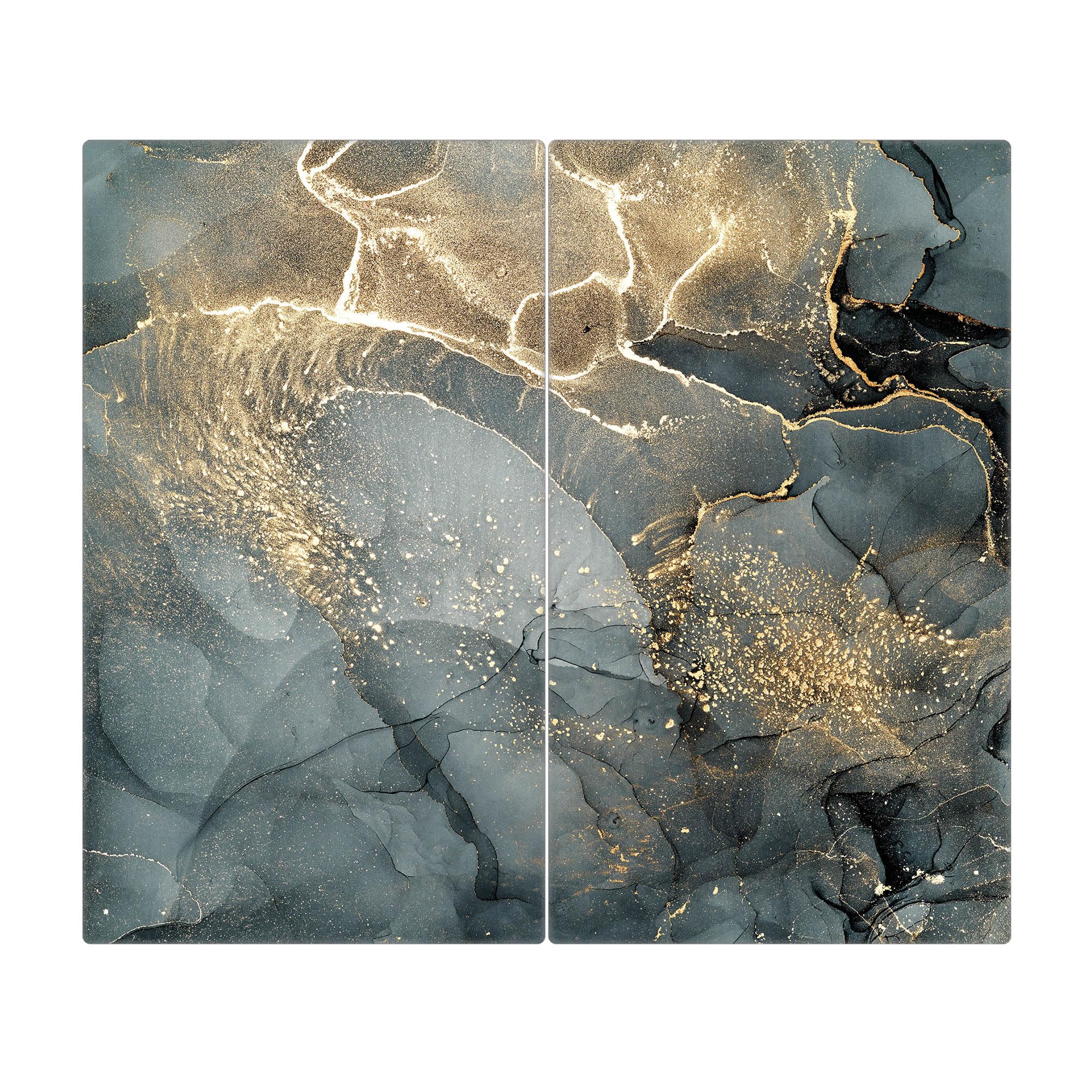 banjado Herdabdeckplatten Ceranfeld 2-teilig 60x52 cm, edle Glasplatte Herd als Schneidebrett Glas und Spritzschutz Küche, Motiv grauer Marmor mit Gold 1