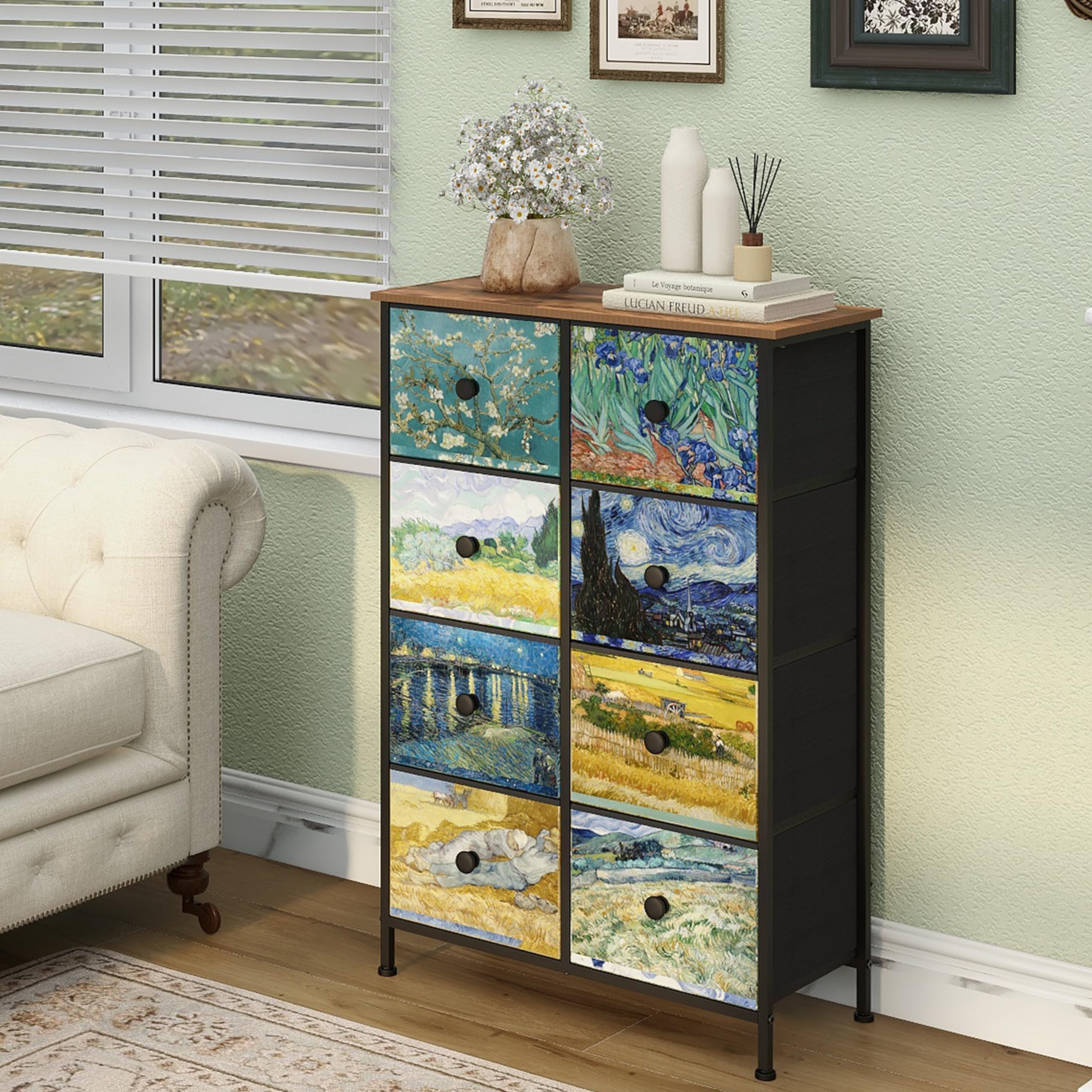 VEDECASA - Cassettiera sottile, alta, con 8 cassetti , motivo Van Gogh, per cameretta dei bambini, soggiorno, corridoio, camera da letto, ufficio, struttura in metallo e pannello in legno