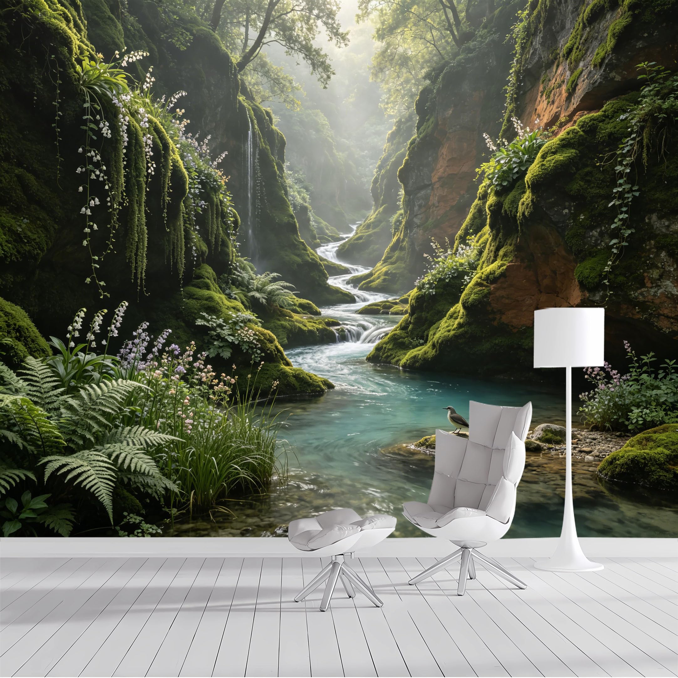 Custom Size Wall Mural Lush Forest Waterfall Serene River Landscape Botanical Watercolor SelfAdhesive Wall Fabric Removable Peel and Stick Wallpaper for Living Room Bedroom Bathroom