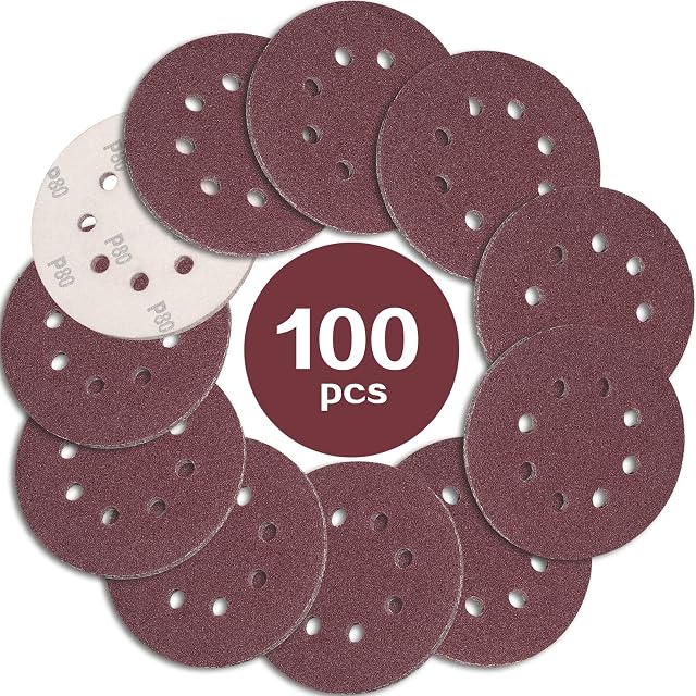 STEBRUAM 100PCS 125mm Sanding Discs 80 Grit, 5 Inch 8 Hole Hook and Loop Sanding Pads for Random Orbital Sander