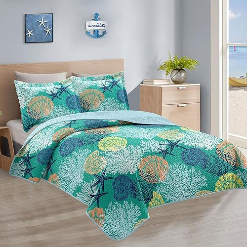 Miniatura 2 de Tritard Juego de edredón costero de 3 piezas tamaño matrimonialqueen, edredones reversibles de microfibra con 2 fundas decorativas, ropa de cama de