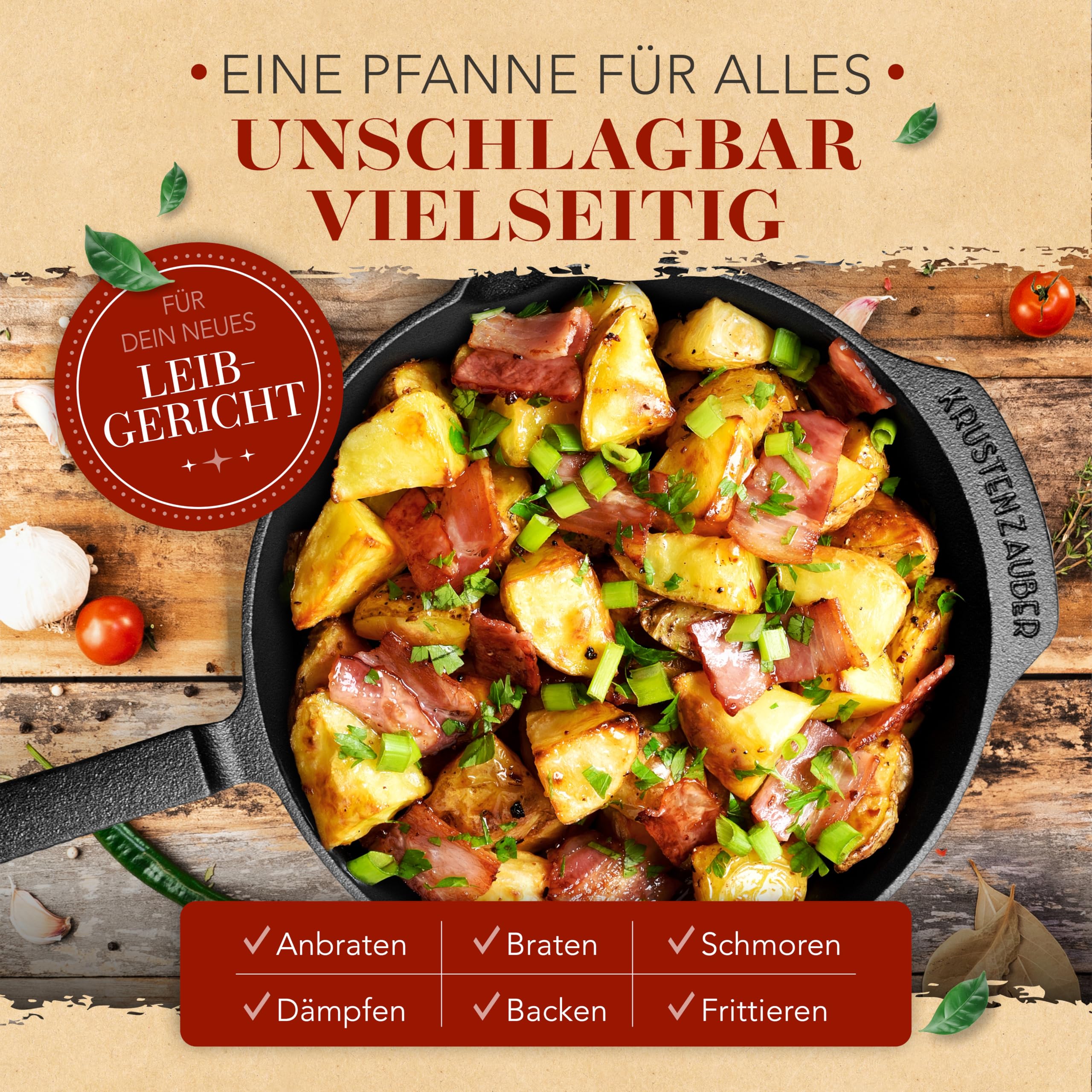 KRUSTENZAUBER 28cm Gusseisenpfanne Induktion Set - Voreingebrannte Gusseisen Pfanne - Ideale Grillpfanne Induktion, Eisenpfanne, Cast Iron Pan, Bratpfanne, Gusseiserne Pfanne Skillet Gusspfanne