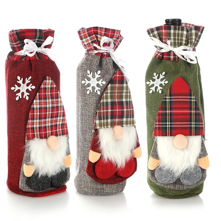 Immagine del prodotto com-four® 3x Copri bottiglie per bottiglie di vino - sacchetti per bottiglie - decorazioni per bottiglie - borse per bottiglie come confezione regalo (rosso + bianco + grigio - a scacchi)