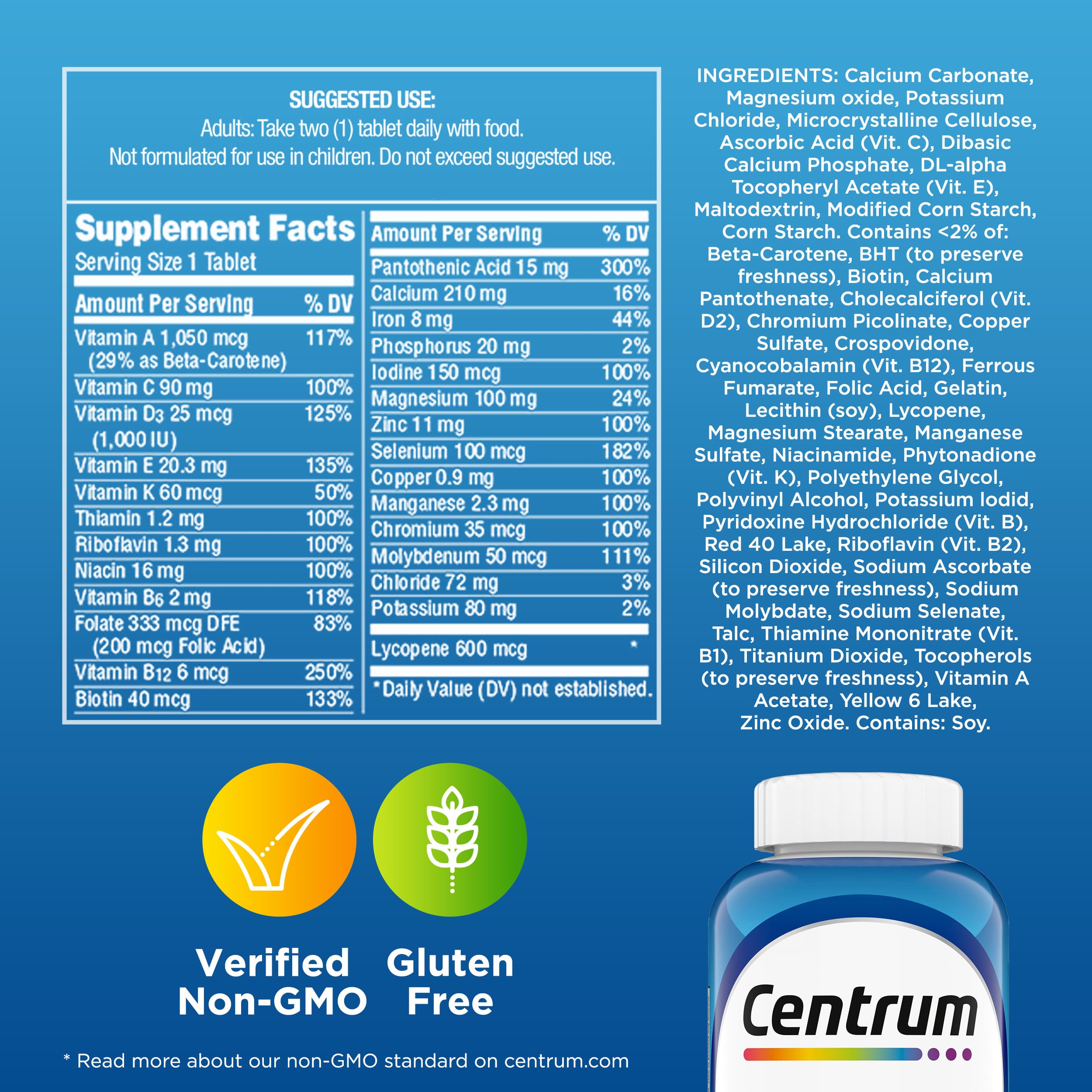 Centrum Multivitamin for Men, Multivitamin/Multimineral Supplement with Vitamin D3, B Vitamins and Antioxidants, Gluten Free, Non-GMO Ingredients - 250 Count — Amazon image 9