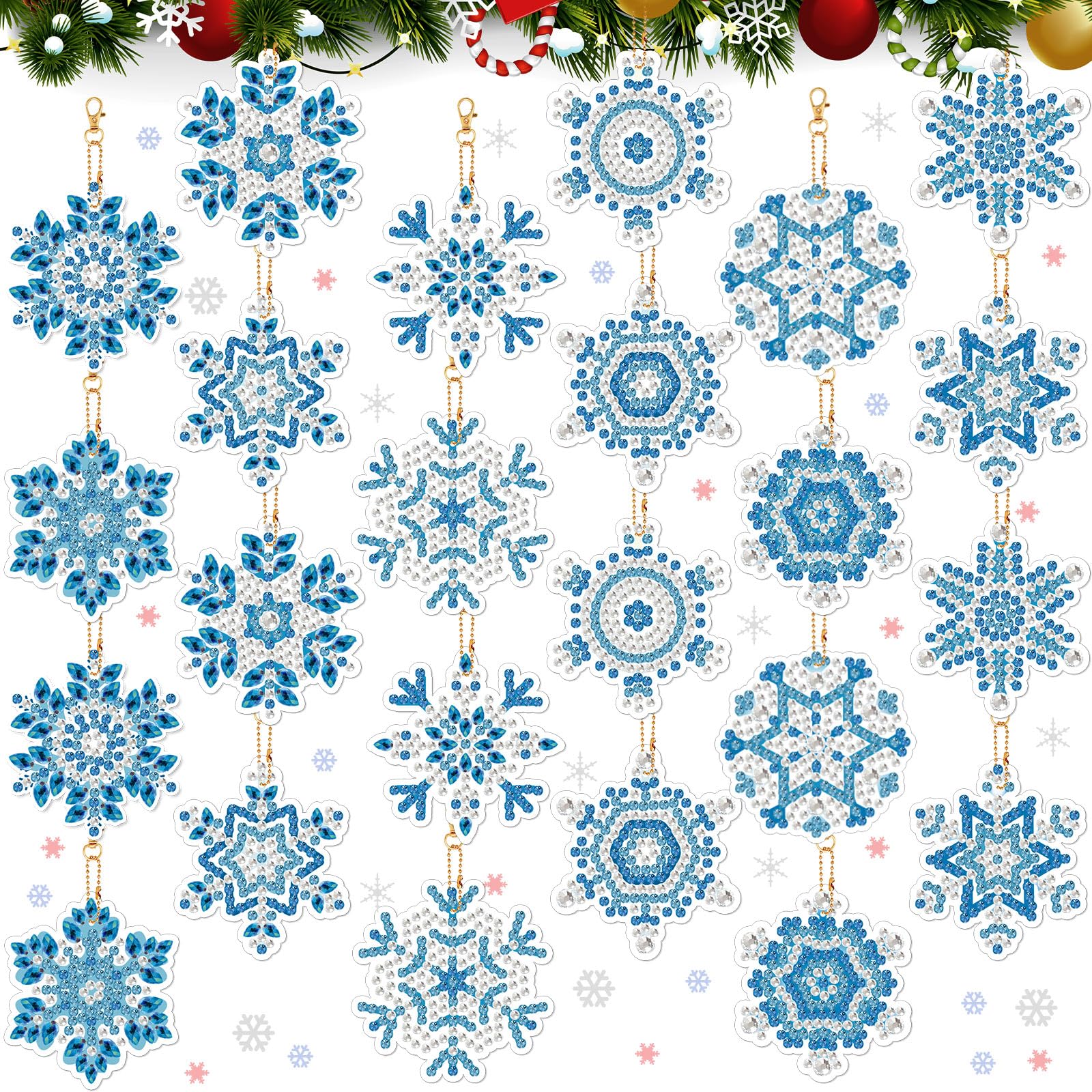 Outus24 Pcs Snowflake Diamond Art Keychains Winter Christmas Snowflakes Diamond Art Ornaments Double Sided DIY Diamond Art Key Ring Winter Snowflake Crystal 5D Diamond Hanging Ornament
