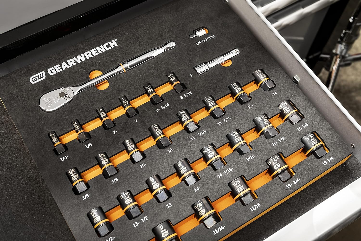 GEARWRENCH 31 Piece Bolt Biter Ratchet Socket Set MM/SAE with EVA Foam Tray - 86525, Black