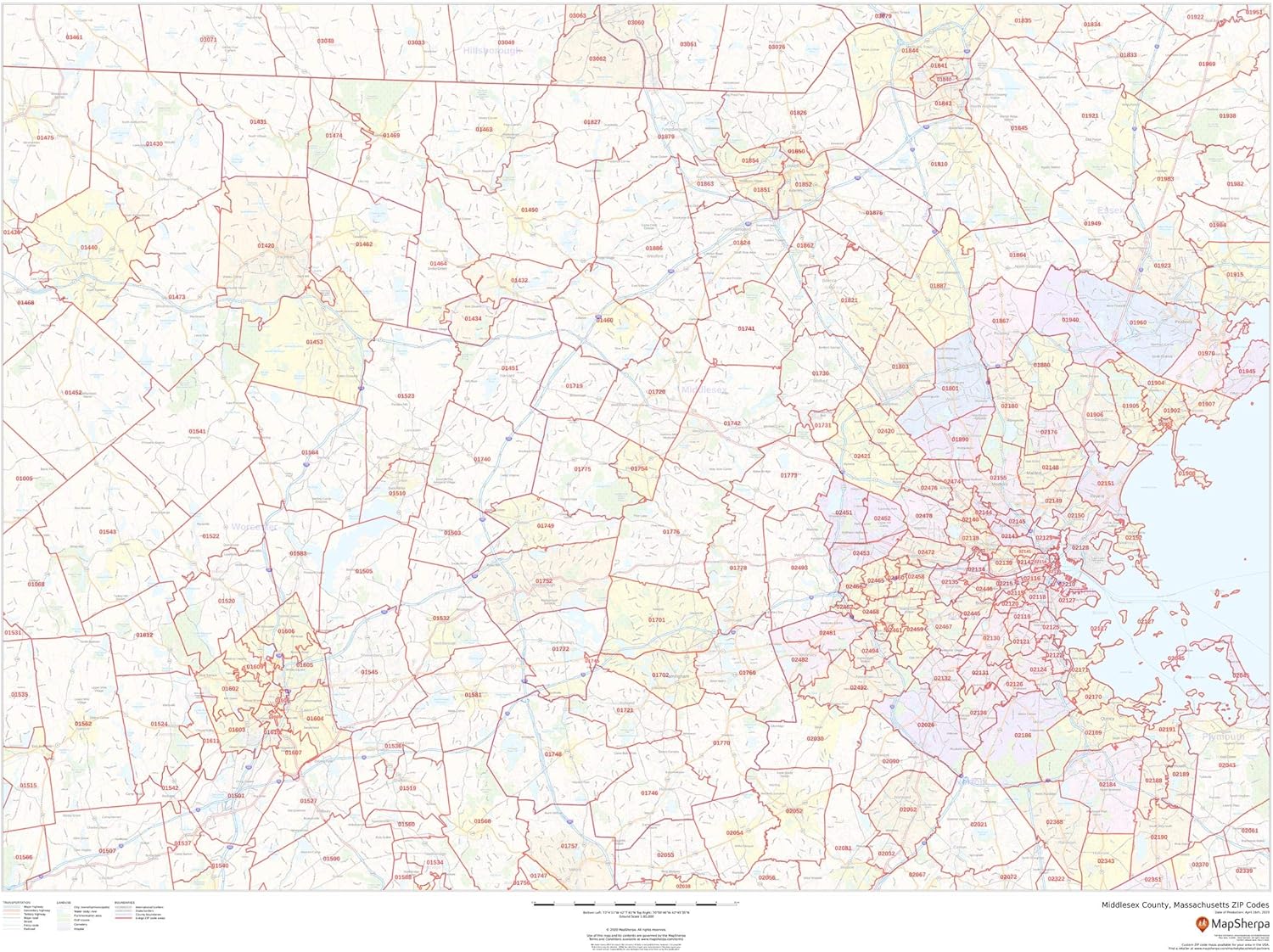 Middlesex County, Massachusetts ZIP Codes 48" x 36