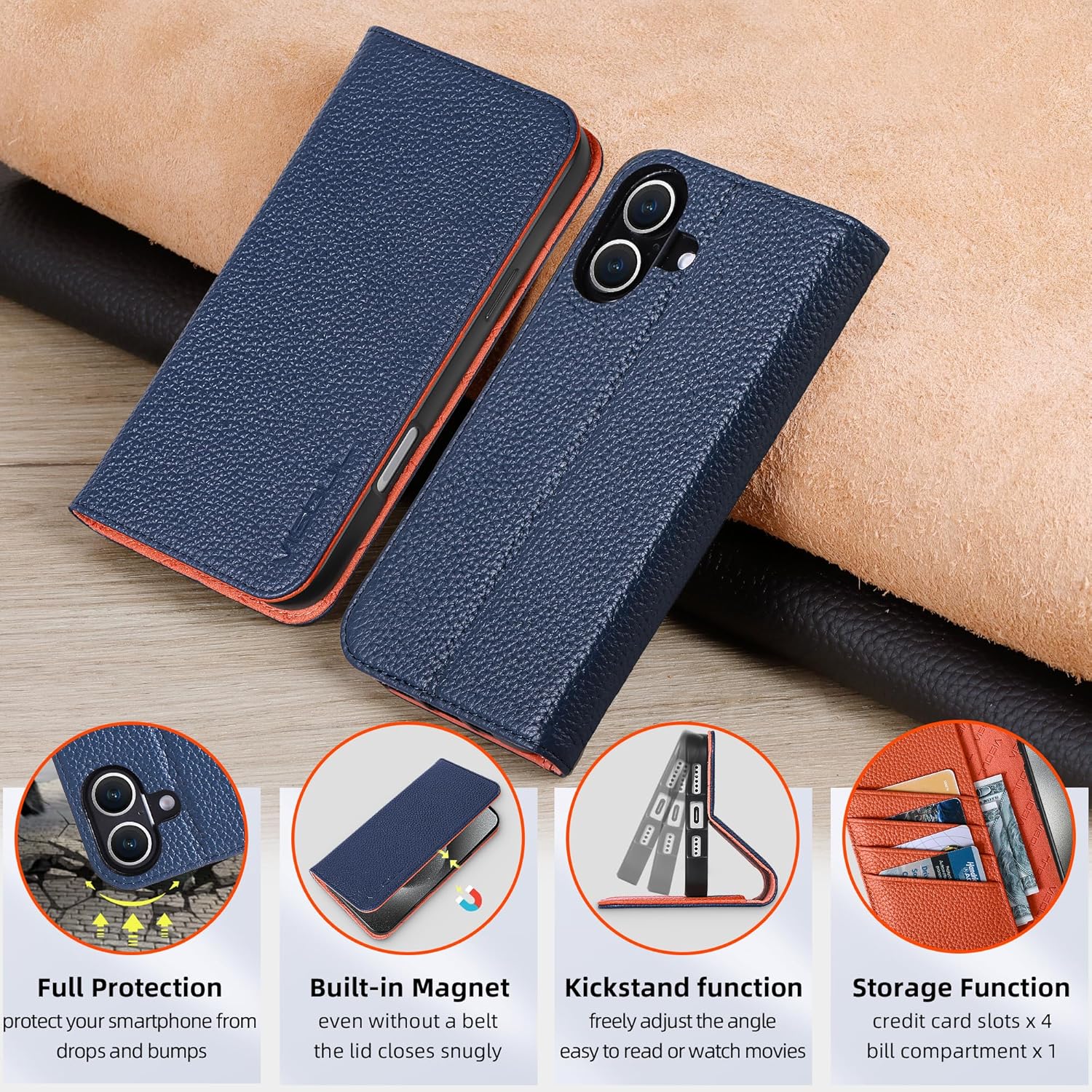 VISOUL Case for iPhone 16 Plus Wallet Case, Pebbled Genuine Leather Case Wallet Card Holders Kickstand Shockproof Flip Cover Compatible with iPhone 16 Plus (6.7”)-Blue+Orange