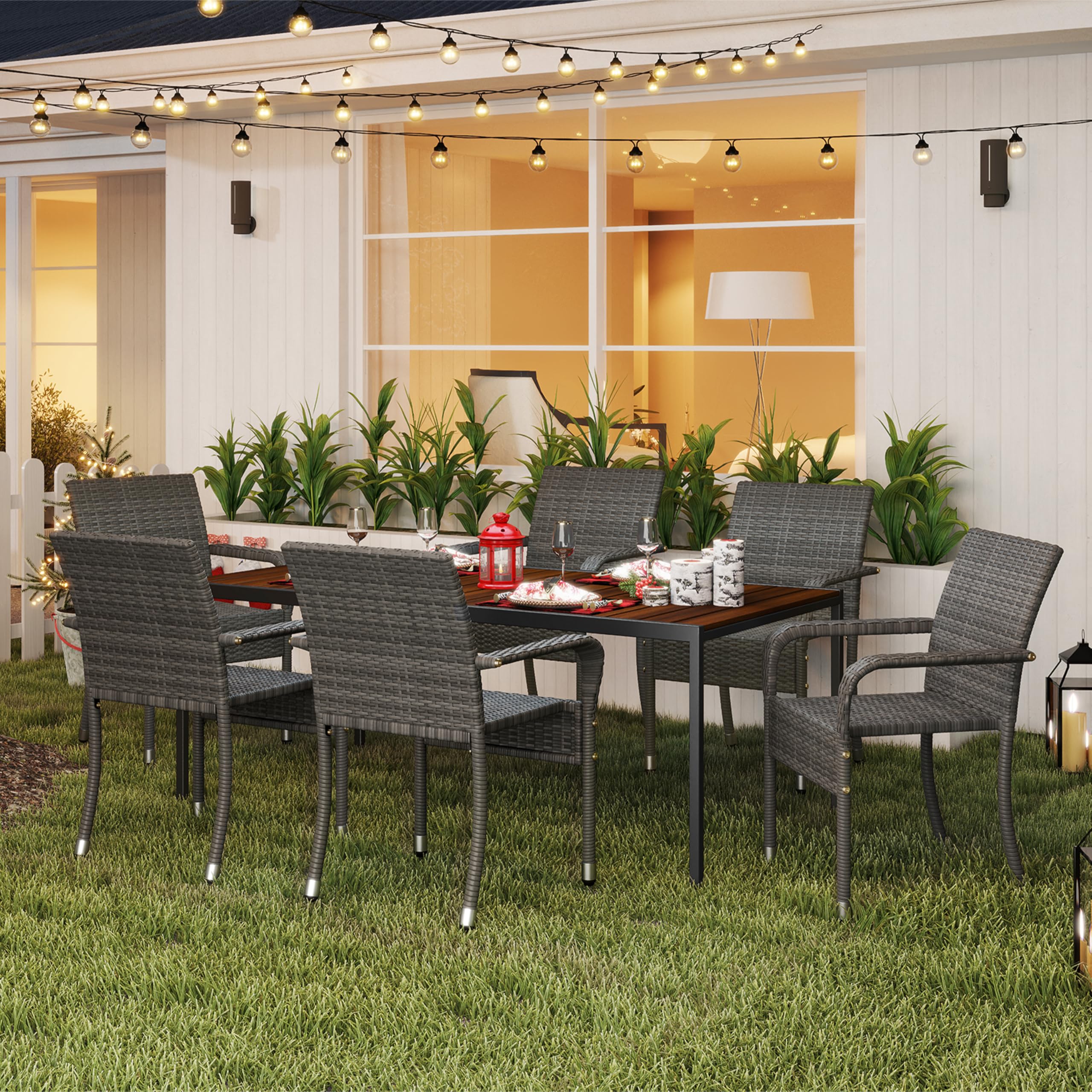 Abician Lot de 6 Chaises de Jardin en Rotin Synthétique Fauteuils Empilables d'Extérieur avec Accoudoirs Cadre en Métal Terrasse Véranda Balcon Salon Salle à Manger Gris