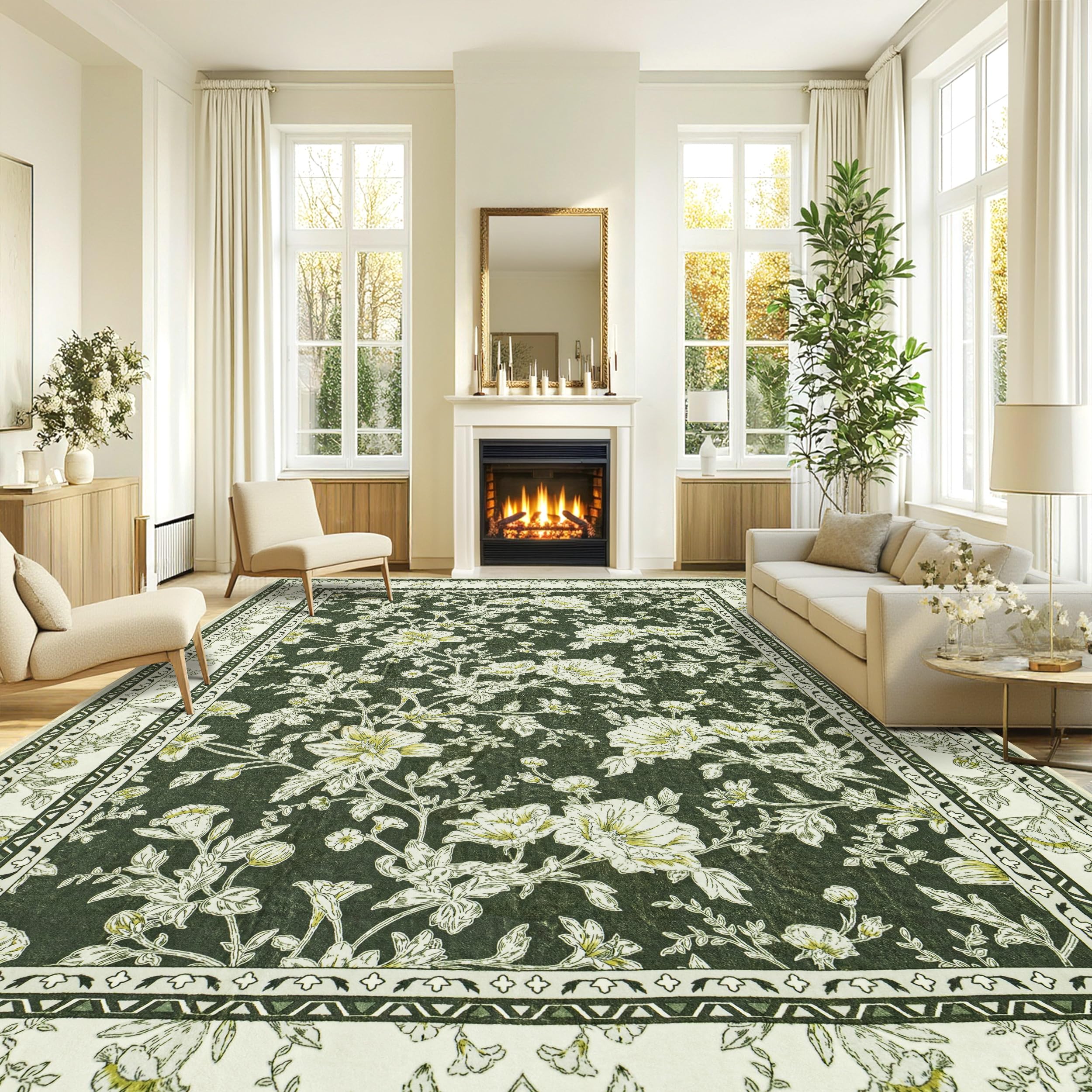 Photo 1 of ***DIRTY*** Olive Green Boho 9x12 Rug Living Room Extra Large Washable Non Slip Soft Farmhouse Carpet for Bedroom Dining Room Playroom Cream Beige and Green Peony Lily Aesthetic Pattern Floral Area Rug