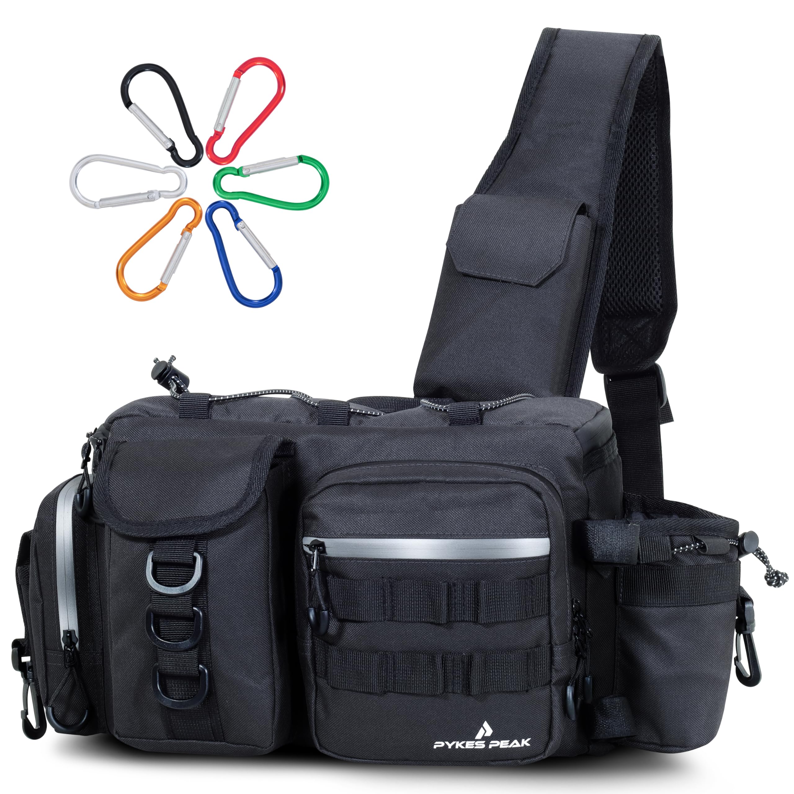 PYKES PEAK Fishing Bag | Waterproof Tackle Bag with Large Capacity | Includes 6 Carabiners | Versatile Fishing Shoulder Bag | Black | L Size - Designed in Japan