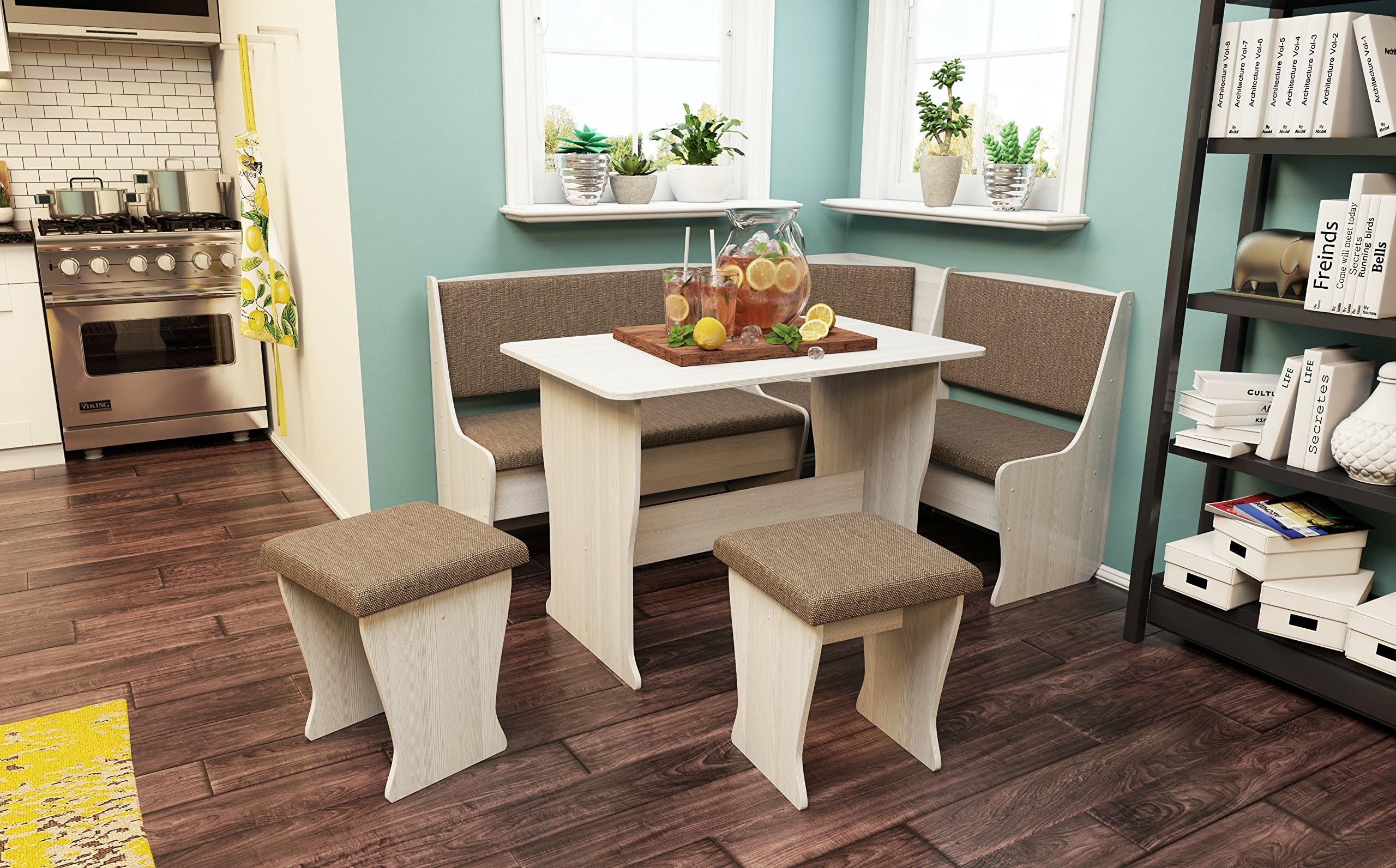 TEXAS 4 Piece Kitchen Nook Dining Table Set L-Shaped Storage Bench White Oak Finish/ Beige Upholstery Fabric (White)