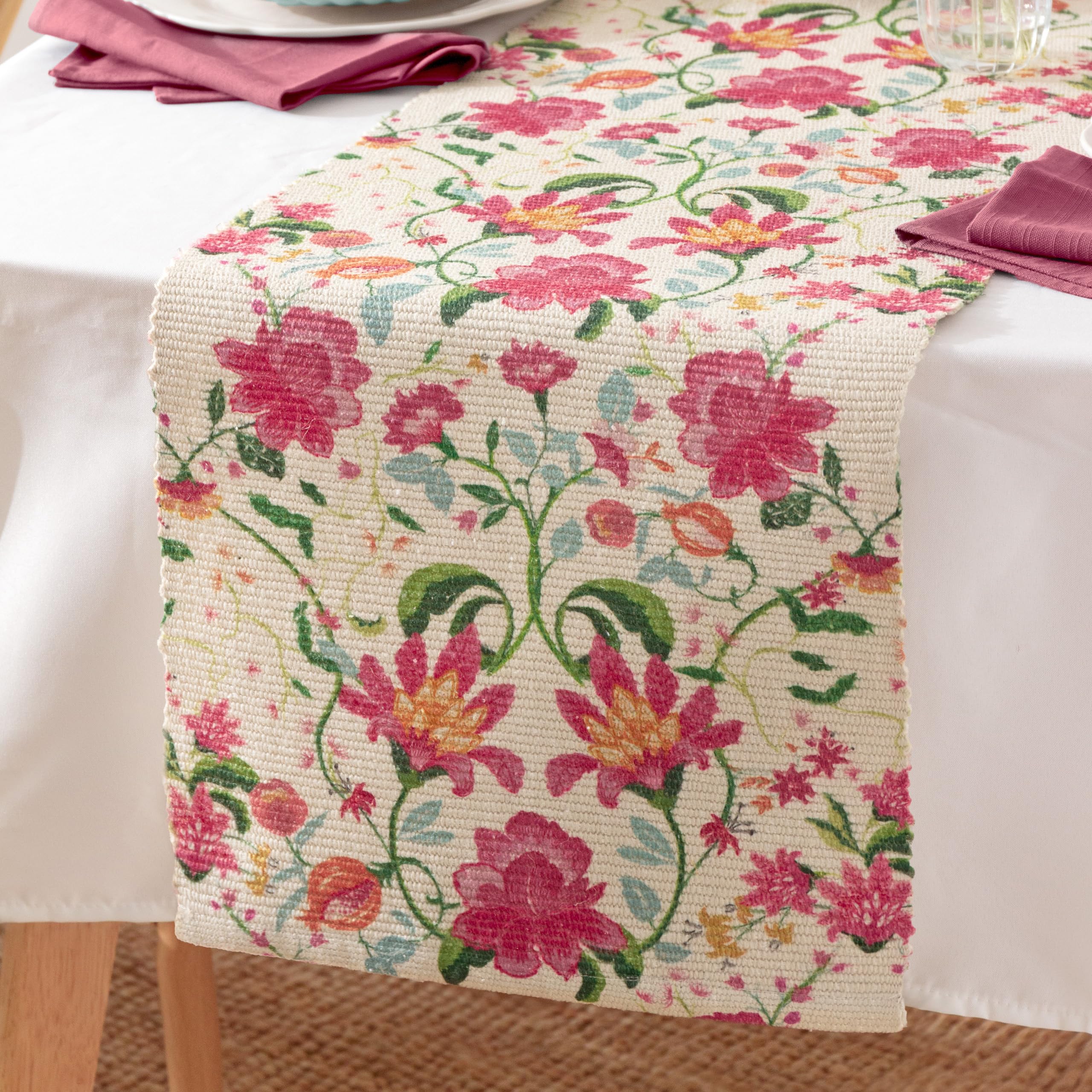 Furn. Candy Red Wylder Claudia Table Runner – Indoor/Outdoor Washable Floral Blue Heritage Stripe Quick Drying Dining Table Decoration ( - 220X35cm)