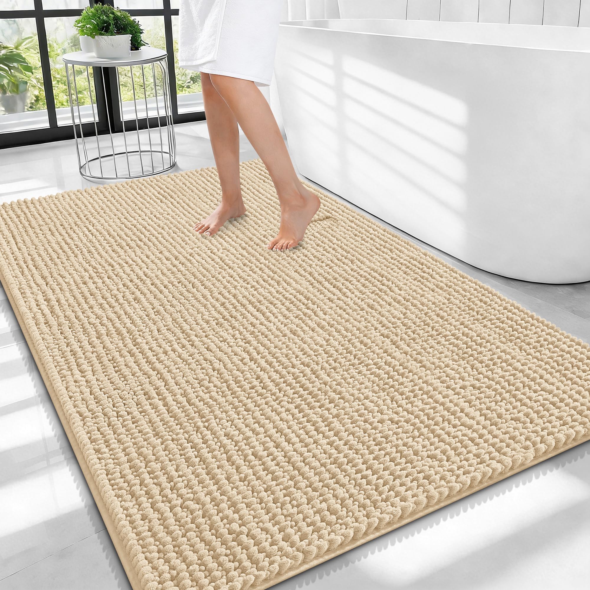 OLANLY Thick Chenille Large Bathroom Rugs 40x32, Absorbent Bath Mat, Beige
