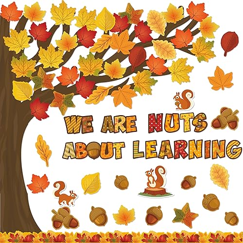 B1ykin Juego de 178 piezas de decoración de tablón de anuncios de aprendizaje de nueces de otoño, hojas de arce de otoño, recortes de bienvenida,
