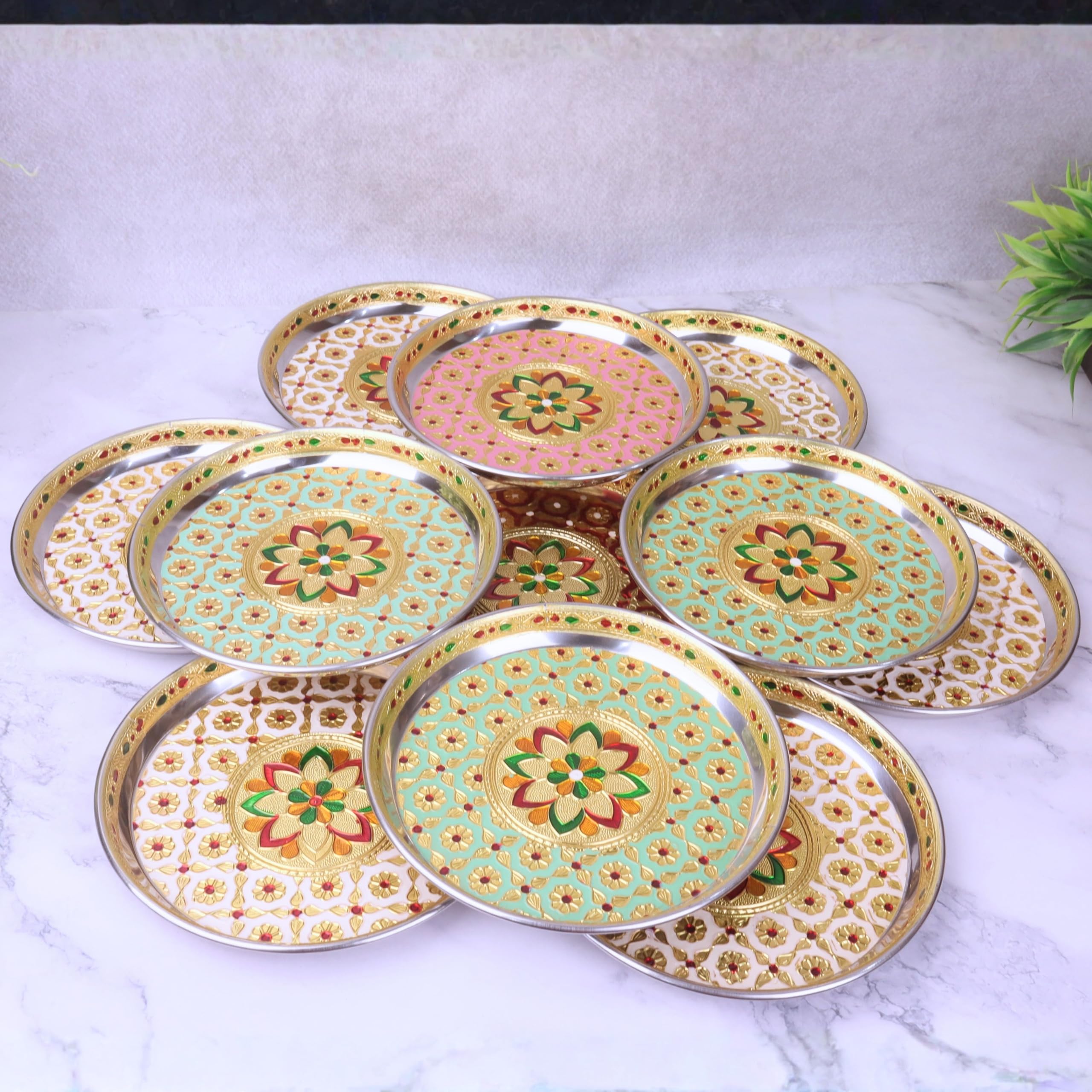 NAVRANG Stainless Steel Pooja Thali 7 Inch | Meenakari Decorative Aarti Plate for Mandir & Festive Rituals | Traditional Pooja Plate for Diwali, Wedding & Return Gift (Pack of 12)-picture-18