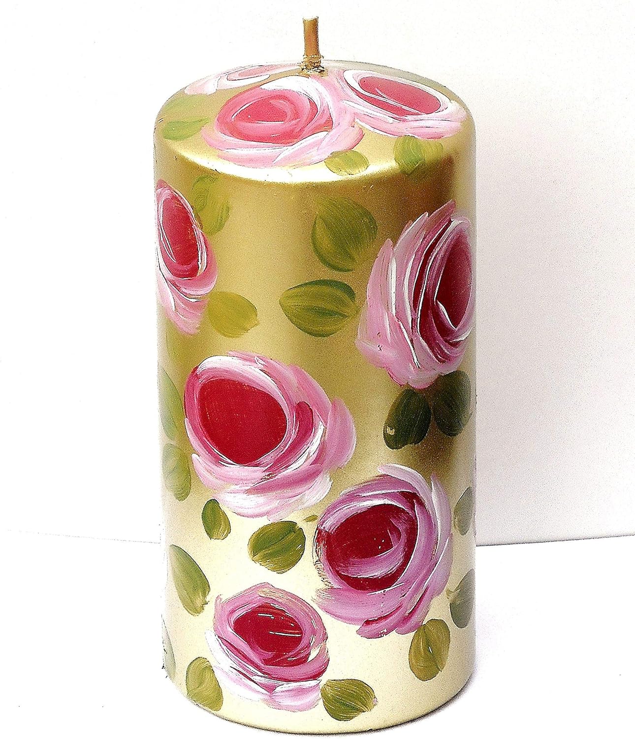 Limited Edition Unique Dripless Unscented Romantic Decorative Large Metallic Gold 6 Inch Tall Pillar Candle with Hand Painted Pink Roses and Green Leaves