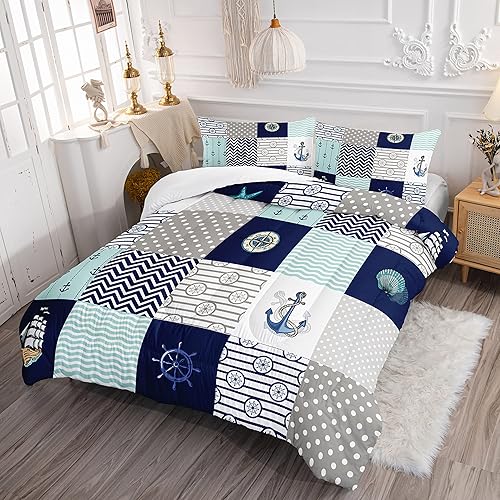 Miniatura 4 de HOSIMA Juego de edredón náutico Full, ropa de cama temática oceánica de patchwork a cuadros con estampado de velero y ancla para niños, adultos y