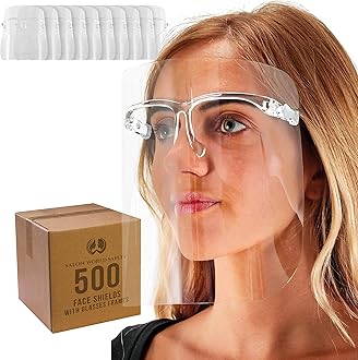 TCP Global Salon World Safety Face Shields with All Clear Glasses Frames (Case of 500) - Ultra Clear Protective Full Face Shields to Protect Eyes, Nose, Mouth - Anti-Fog PET Plastic, Goggles