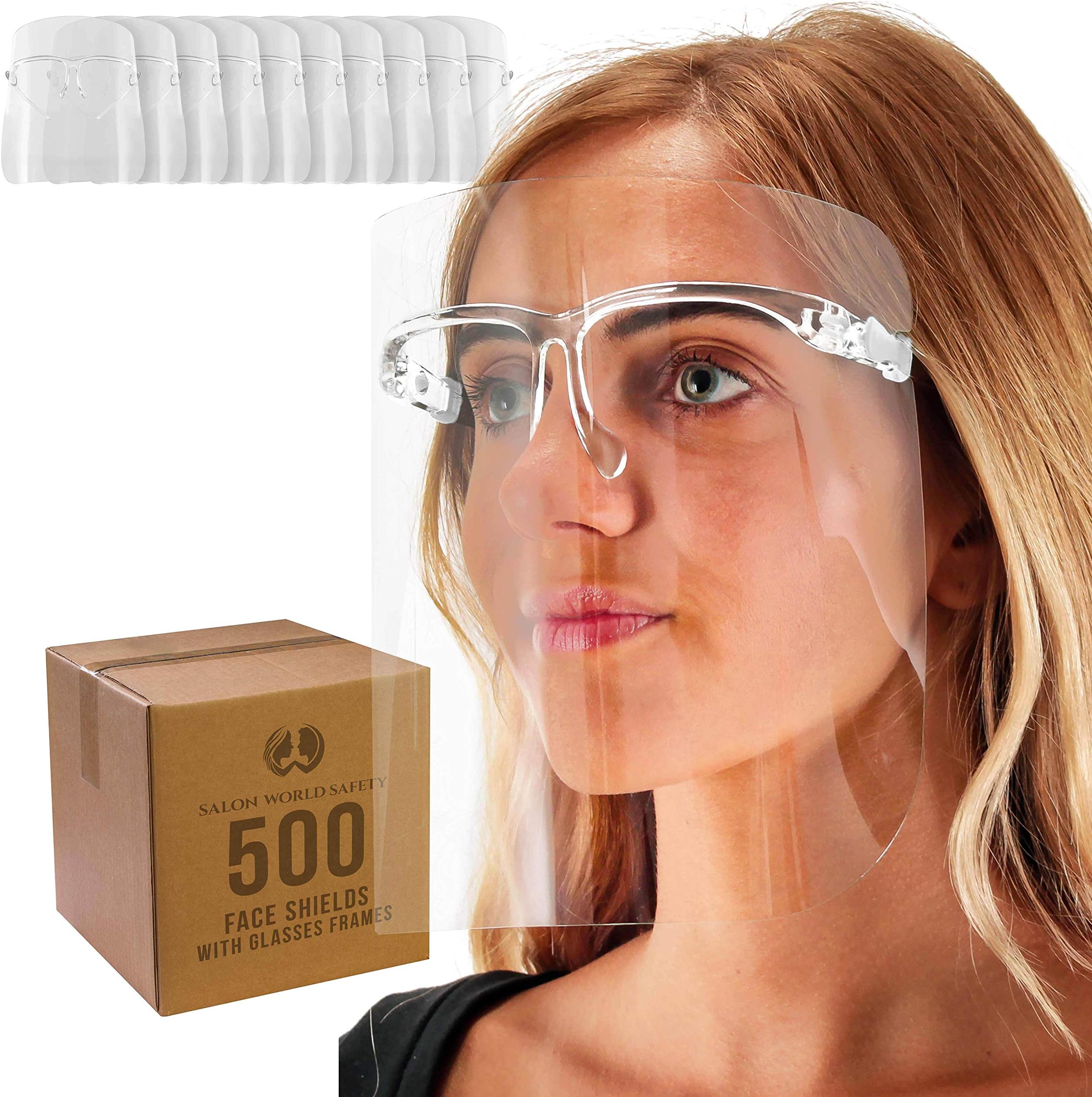 TCP Global Salon World Safety Face Shields with All Clear Glasses Frames (Case of 500) - Ultra Clear Protective Full Face Shields to Protect Eyes, Nose, Mouth - Anti-Fog PET Plastic, Goggles