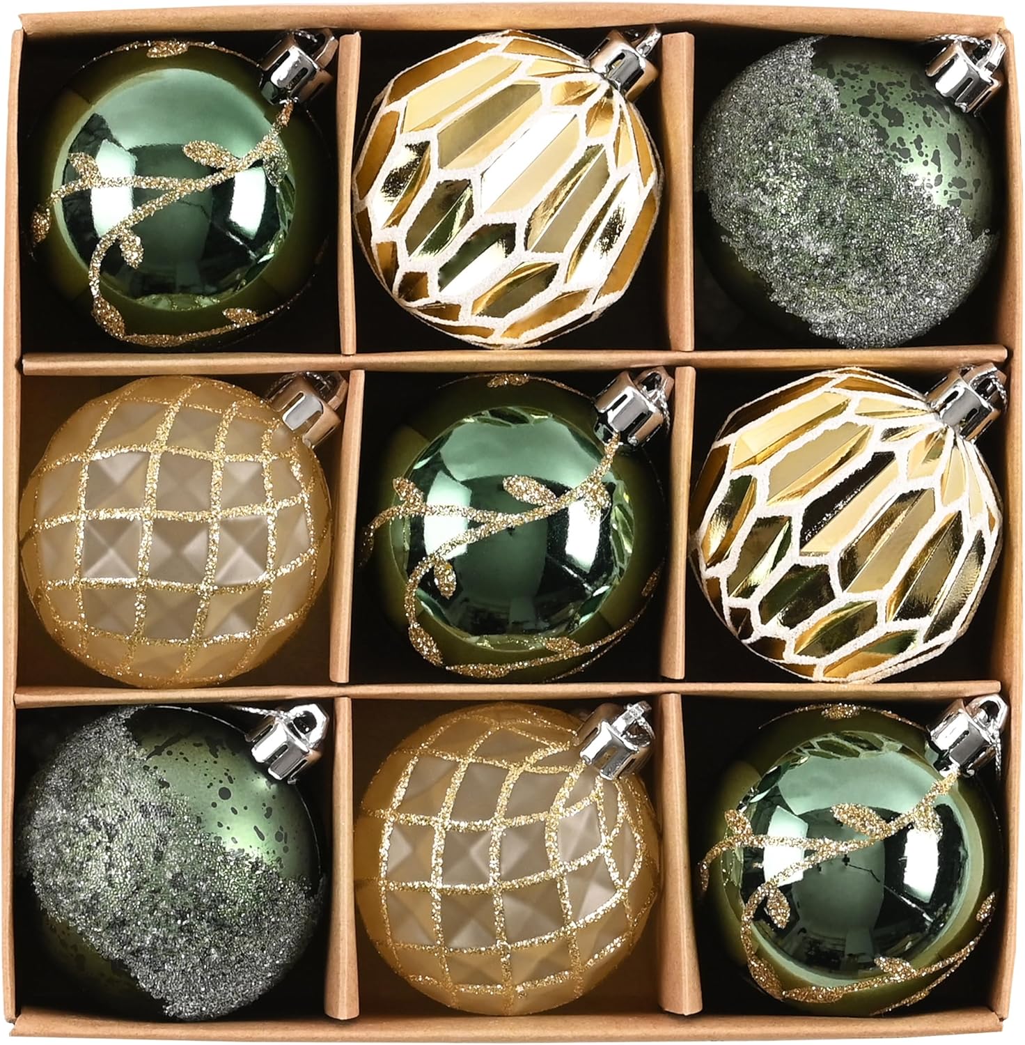 DecorbyHannah Christmas Tree Ornaments, 9ct 2.36 inches Emerald Green Gold Christmas Ornaments for Tree Decorations, Shatterproof Plastic Hanging Ball Bulk for Xmas Home Indoor Party Table Decor