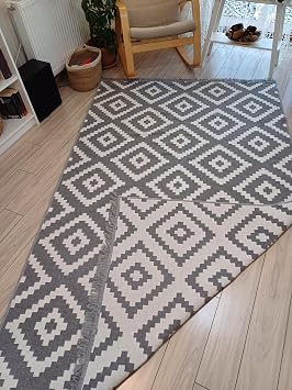 Kilim Çift Taraflı Kullanılabilir Yıkanabilir Dokuma Kilim (Gri-Beyaz, 80 * 150cm)