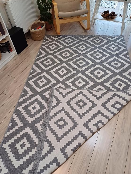 Kilim Çift Taraflı Kullanılabilir Yıkanabilir Dokuma Kilim (Gri-Beyaz, 80 * 150cm)