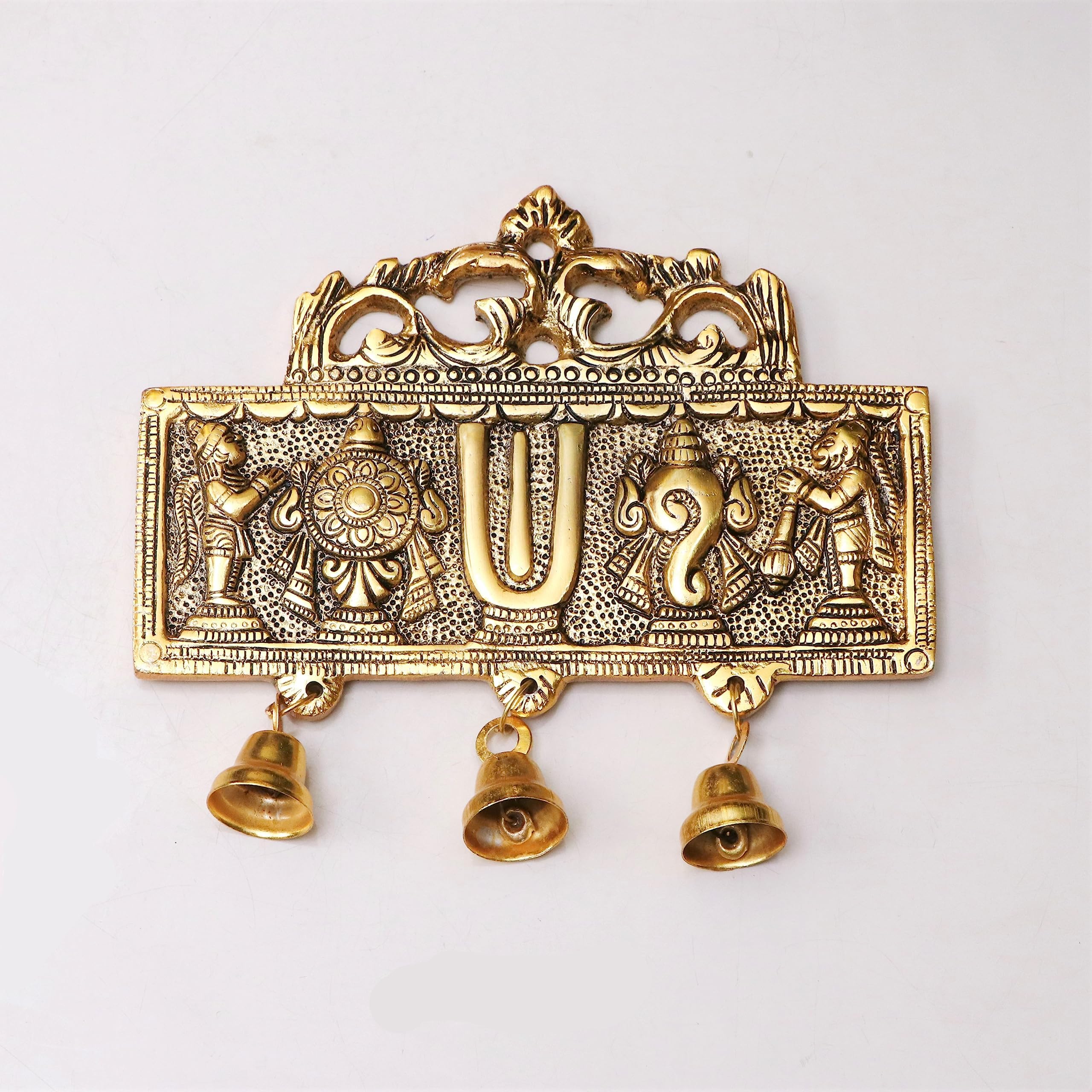 KridayKraft Wall Hanging Tirupati Balaji Symbol Shankh Chakra Tilak with Hanuman ji and garud Statue Gold Plating Antique Decorative for Home & Office Table Showpiece Figurines,R