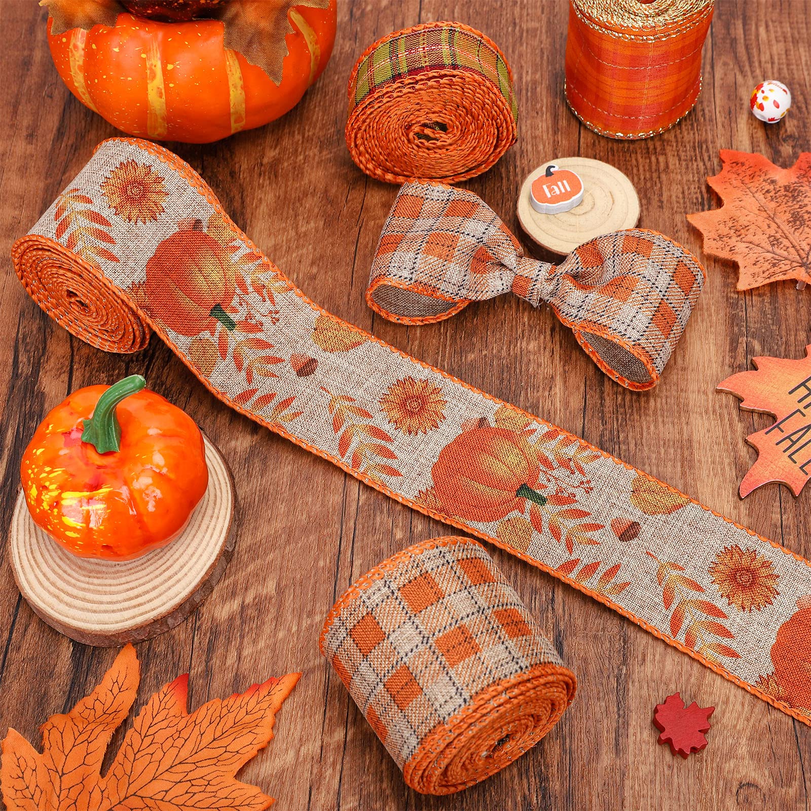 Fall Theme Ribbon - 24 Yards Wired Edge Craft Ribbon For Autumn DIY & Decor