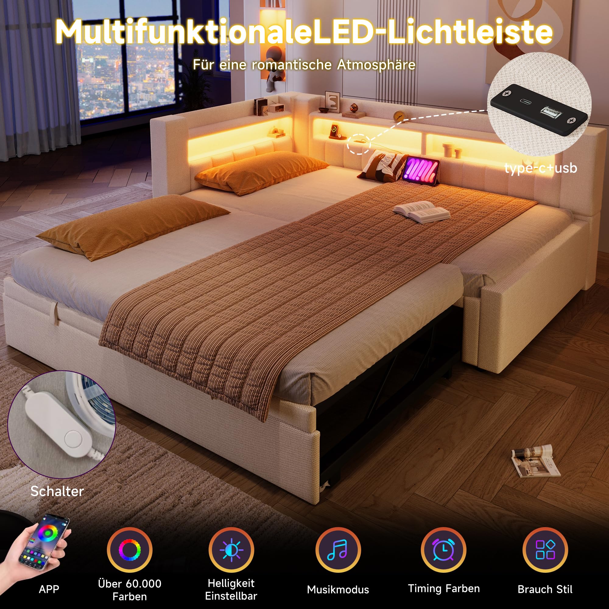 Polsterbett 90/180 x 200 mit LED und USB, Ausziehbares Schlafsofa, Daybett mit Ausziehbett, Sofabett Tagesbett Jugendbett Bettgestell, Leinen, Ohne Matratze, Beige