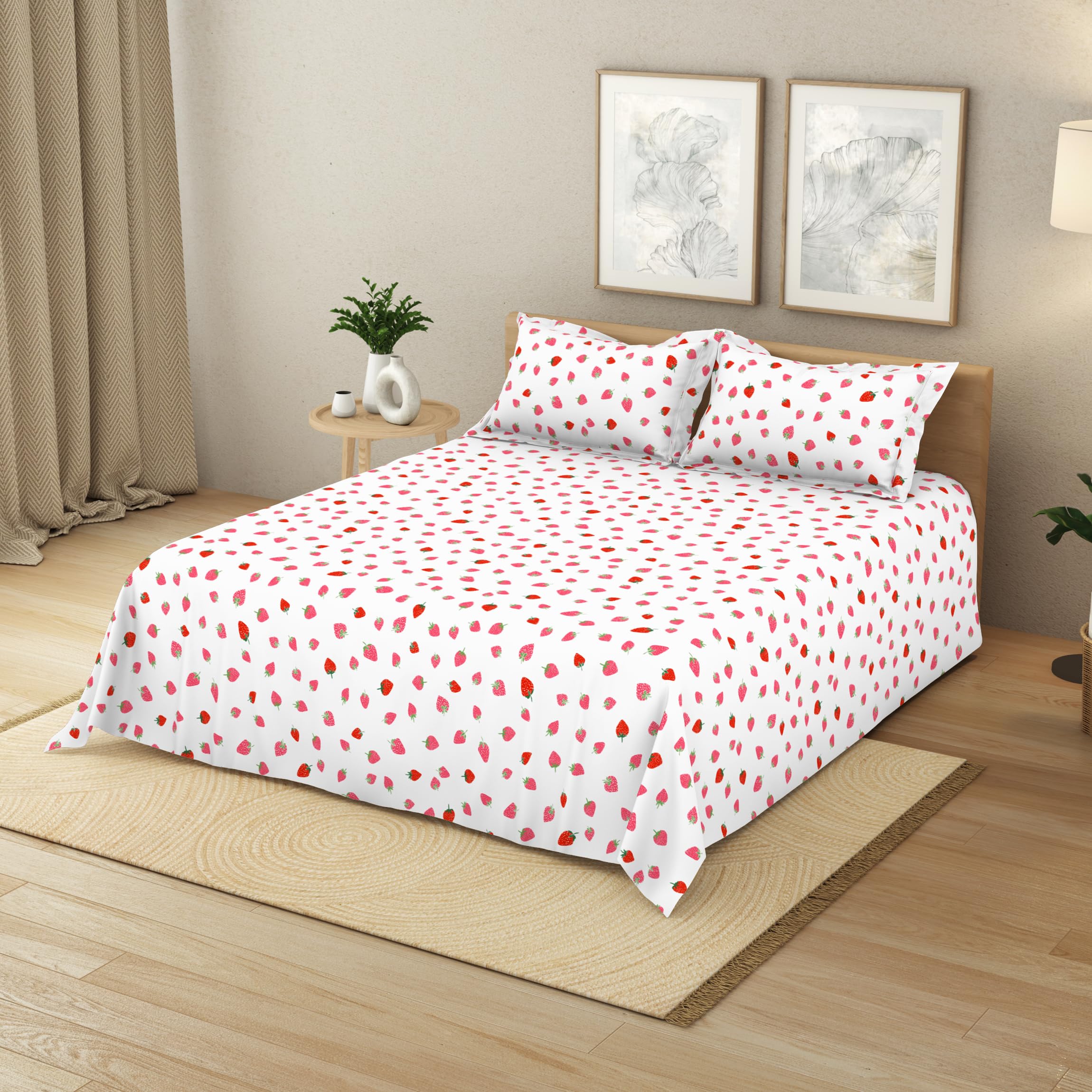 Himeya 190 TC Cotton Bedsheet for Double Bed with 2 Pillow Covers | 254 x 224 cm | Soft Breathable Double Bedsheet | Printed Tossed Strawberry Red Design-picture-18