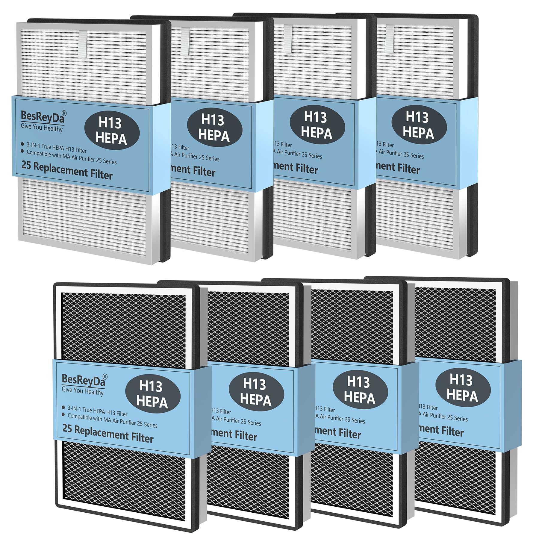 Paquete de 8 filtros de repuesto MA-25 compatibles con purificador de aire MA-25 B1/S1/W1, 3 en 1 True Hepa y filtro de carbón activado