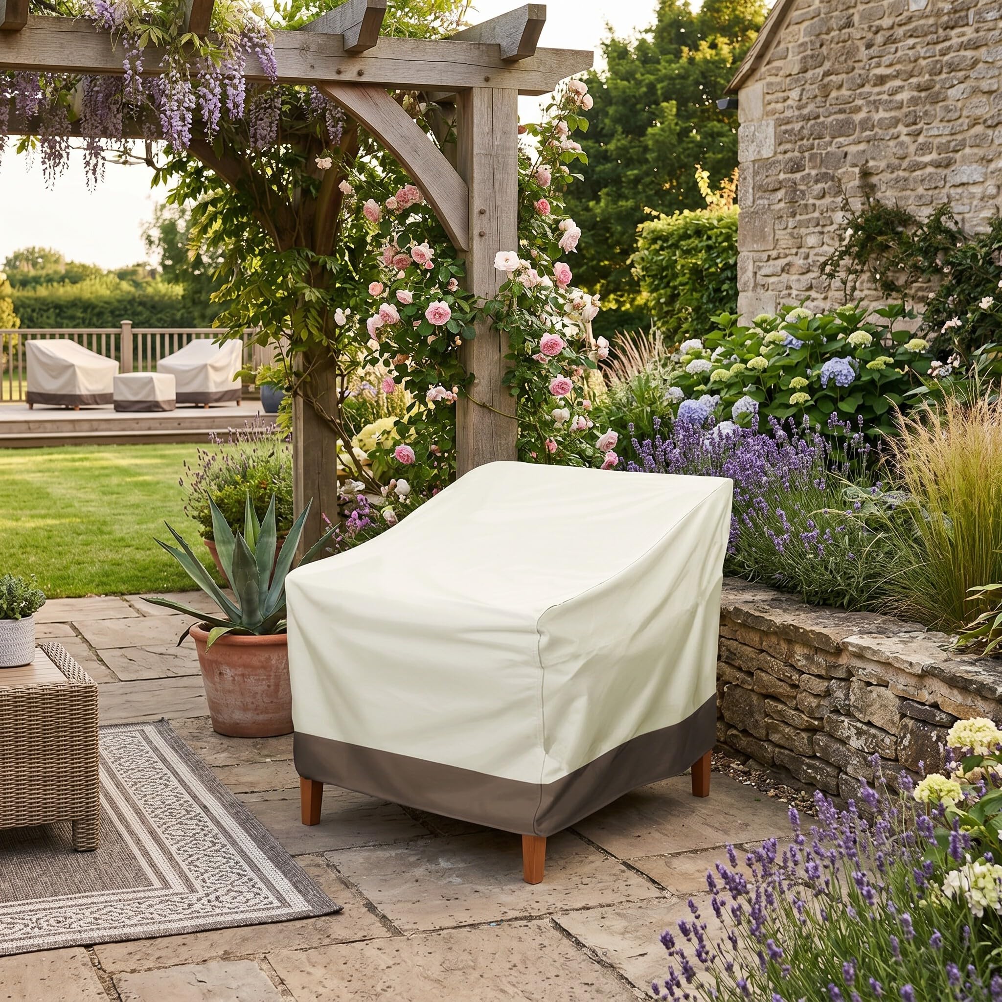 Fafeicy Coperchio di Mobili da Giardino, Copertura per Sedie Impermeabili nel Patio Ha una Portatile Resistente Alle Sedie del Salone Rotativo del Patio (Beige con colore del caffè)