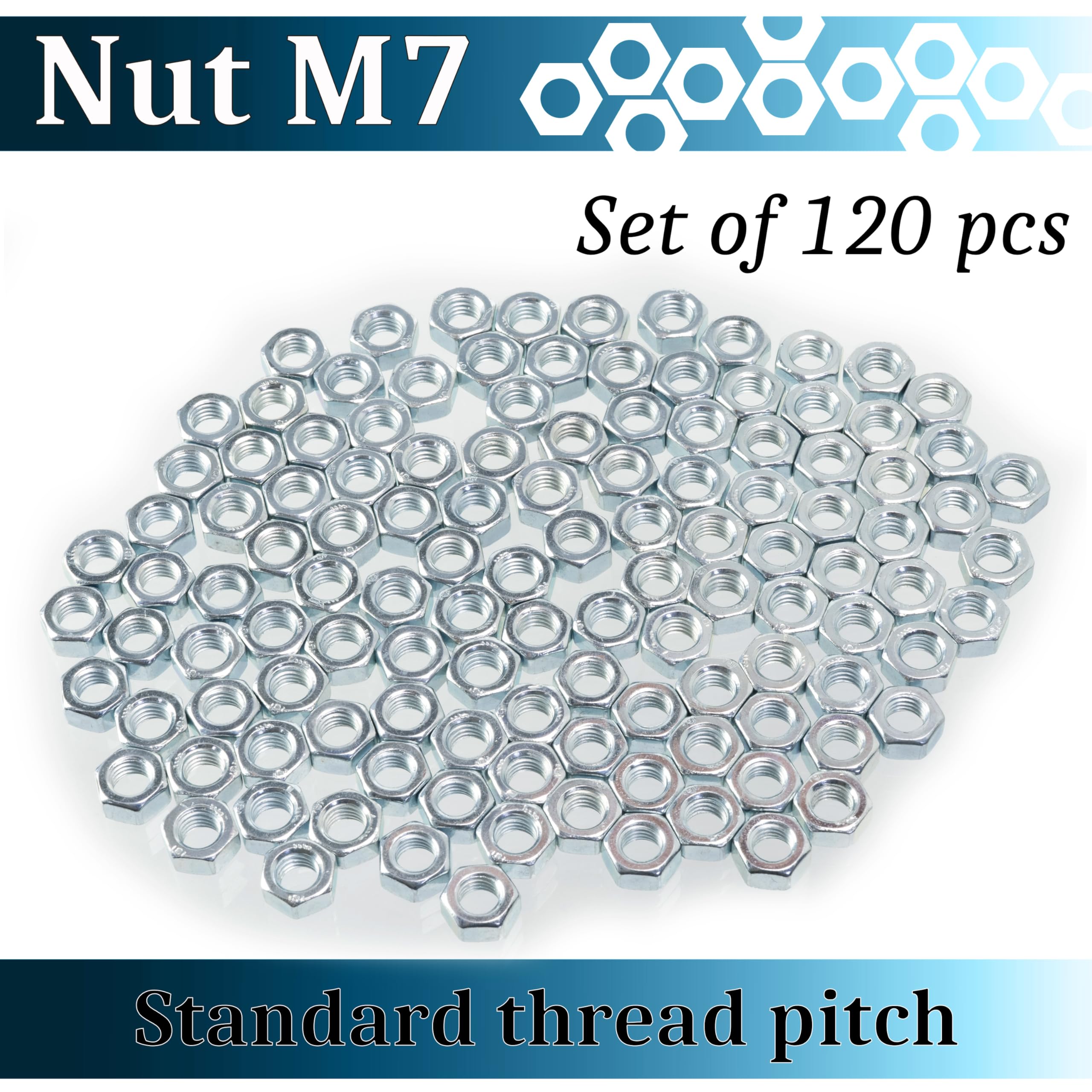 AERZETIX - Set di 120 dadi esagonali M7 con filettatura metrica - acciaio zincato - colore argento - assemblaggi meccanici ed elettronici - progetti fai da te