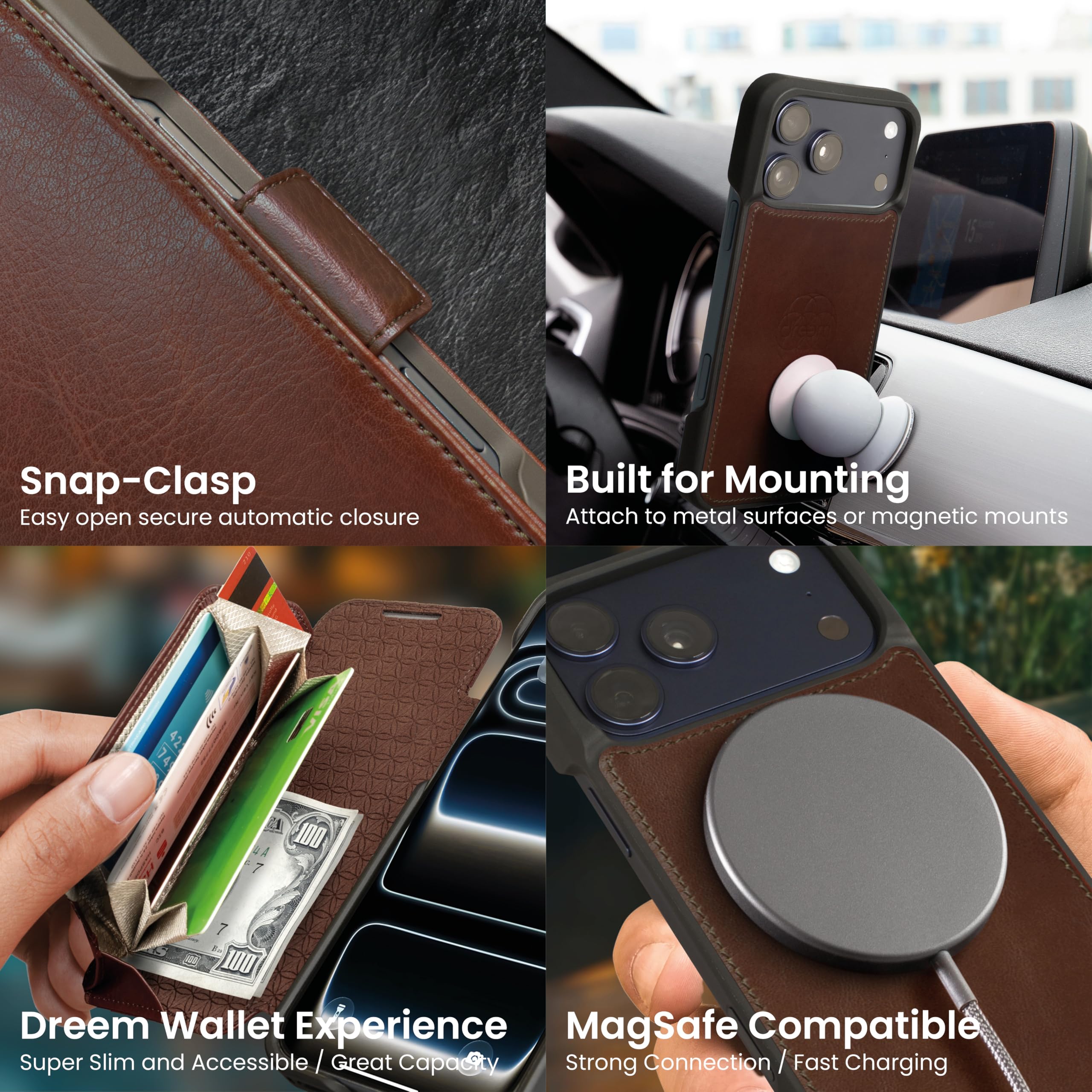 Dreem Skórzane etui do iPhone 17 Pro Max – rewolucyjny stojak i przegródka na karty, zdejmowane etui magnetyczne, MagSafe-Ready, blokada RFID, etui portfelowe z prawdziwej skóry, pudełko prezentowe