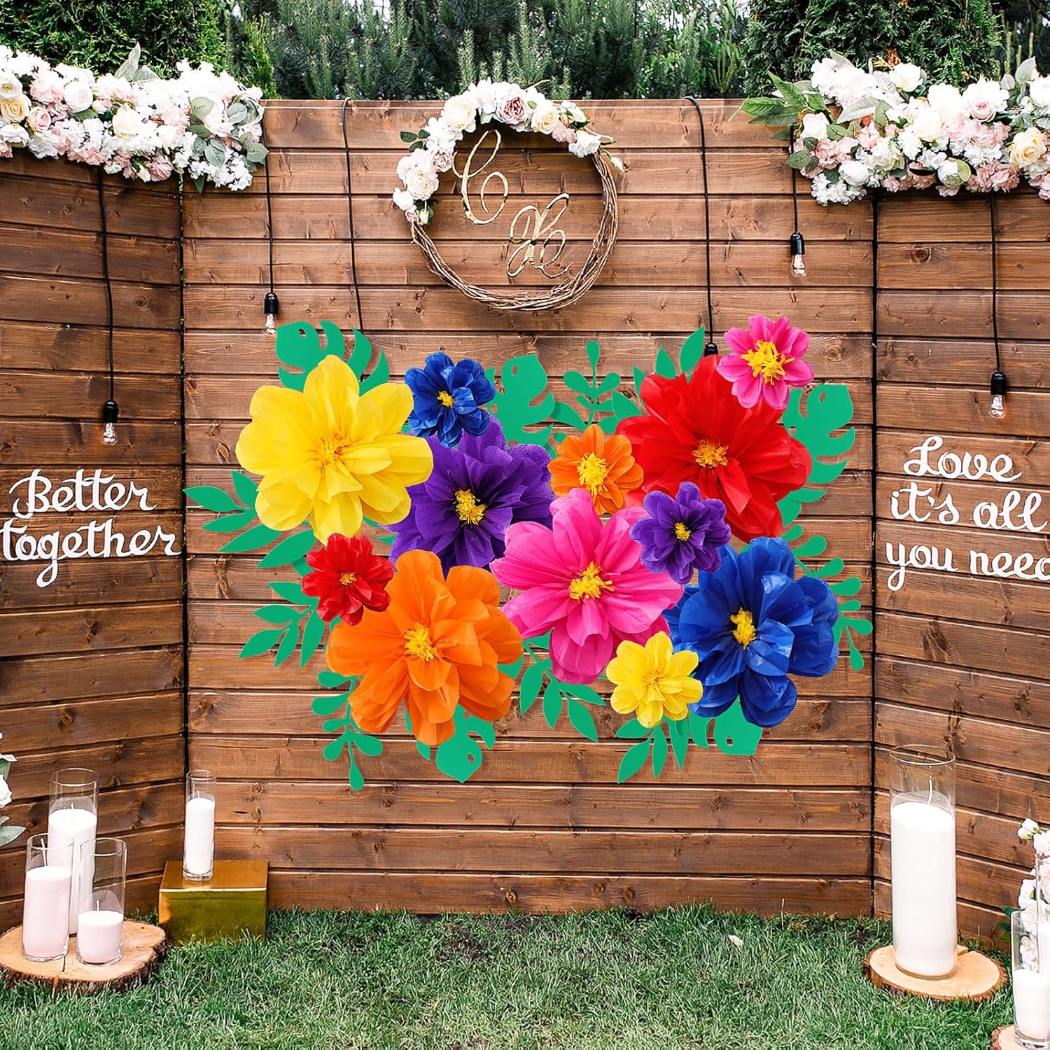 Geyee 80 Pcs Mexican Giant Paper Flowers Leaves Set, 48 Pcs Large Mexico Tissue Paper Flowers and 32 Green Leaves for Mexican Party Wedding Archway Fiesta Birthday Decoration 20" 10''