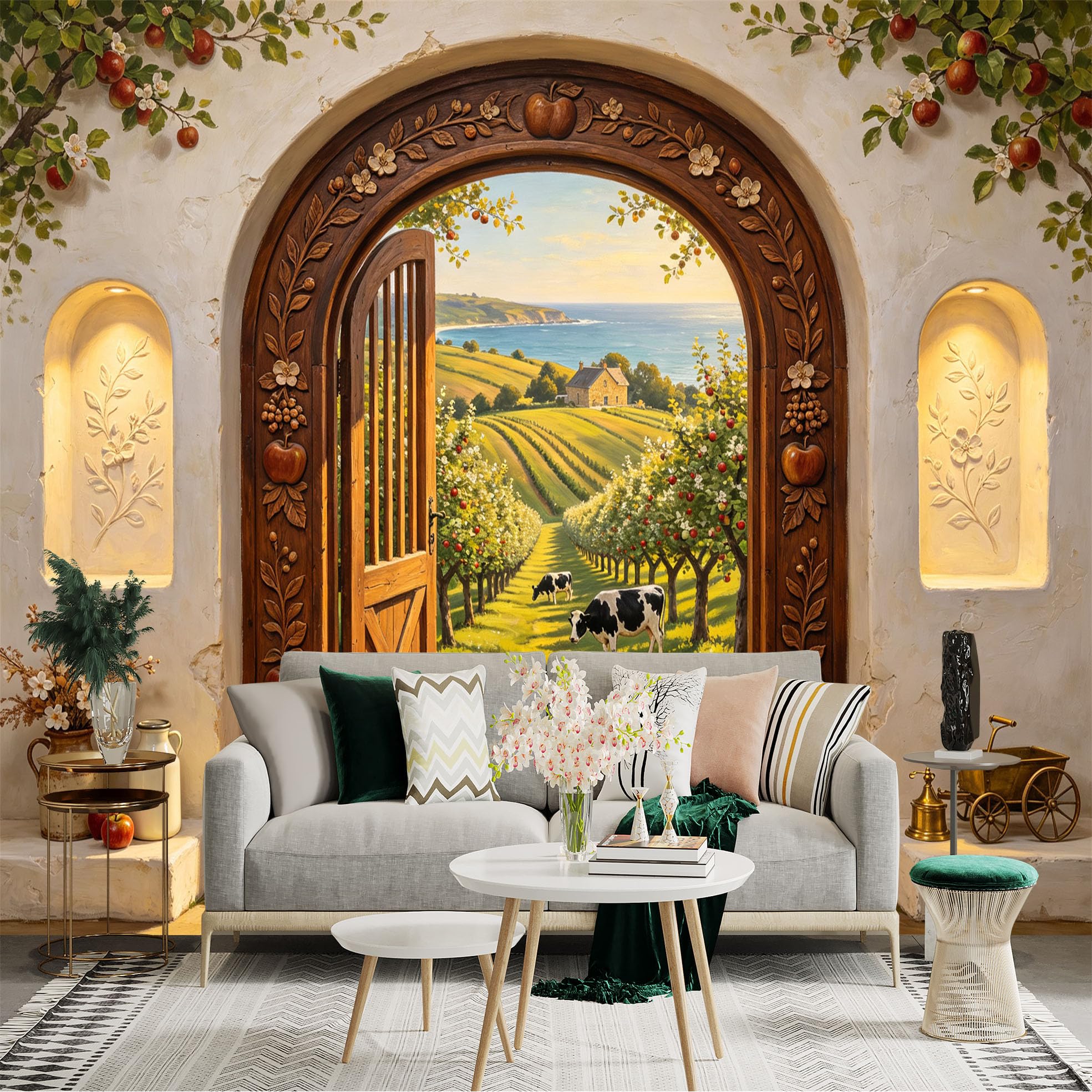 Custom Size Wall Sticker Mural， Rustic Farmhouse Orchard Path with Cows and Coastal Countryside， for wall Decoration， peelandstick wall Decals.