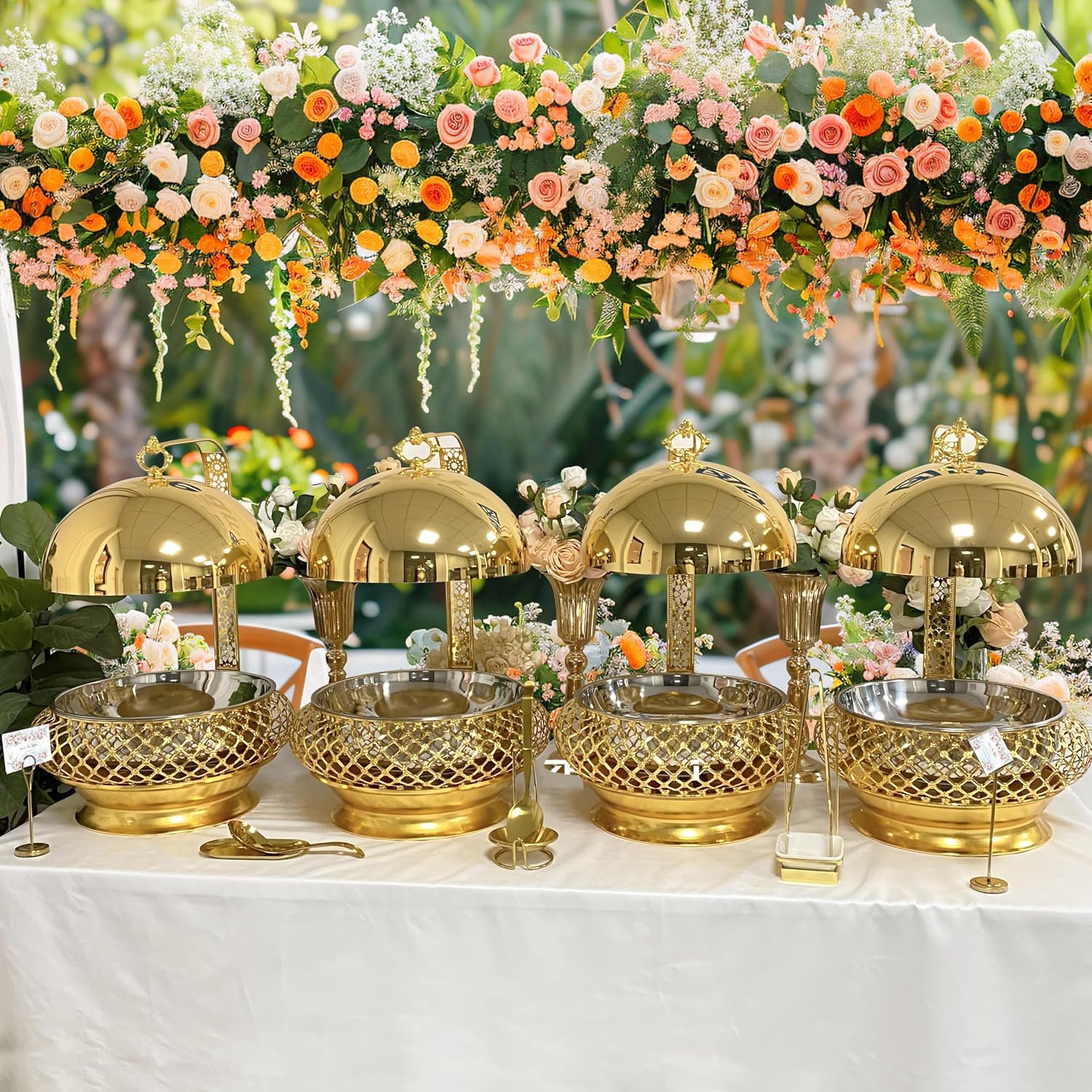 Party Wedding Table Setting Food Warmer Golden Fancy Elegant Cheffing Dishes with Hanging Lid Gold Chaffing Dishes (Gold, 8QT)