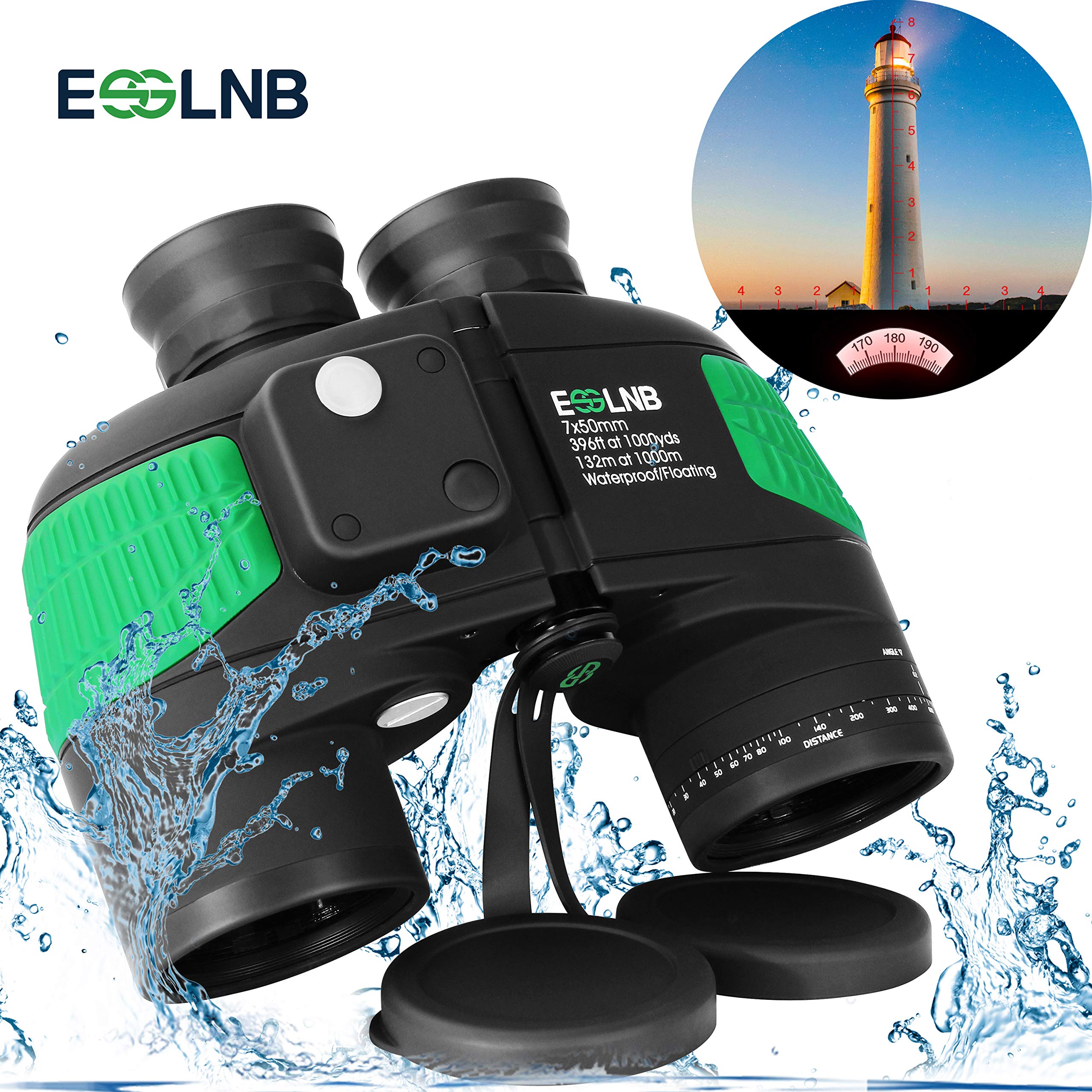 ESSLNB Marine Binoculars with Illuminated Compass Rangefinder 7X50 IPX7 100% Waterproof Military Binoculars for Adults Kids BAK4 FMC Floating Binoculars for Boating Hunting w/Bag and Floating Strap
