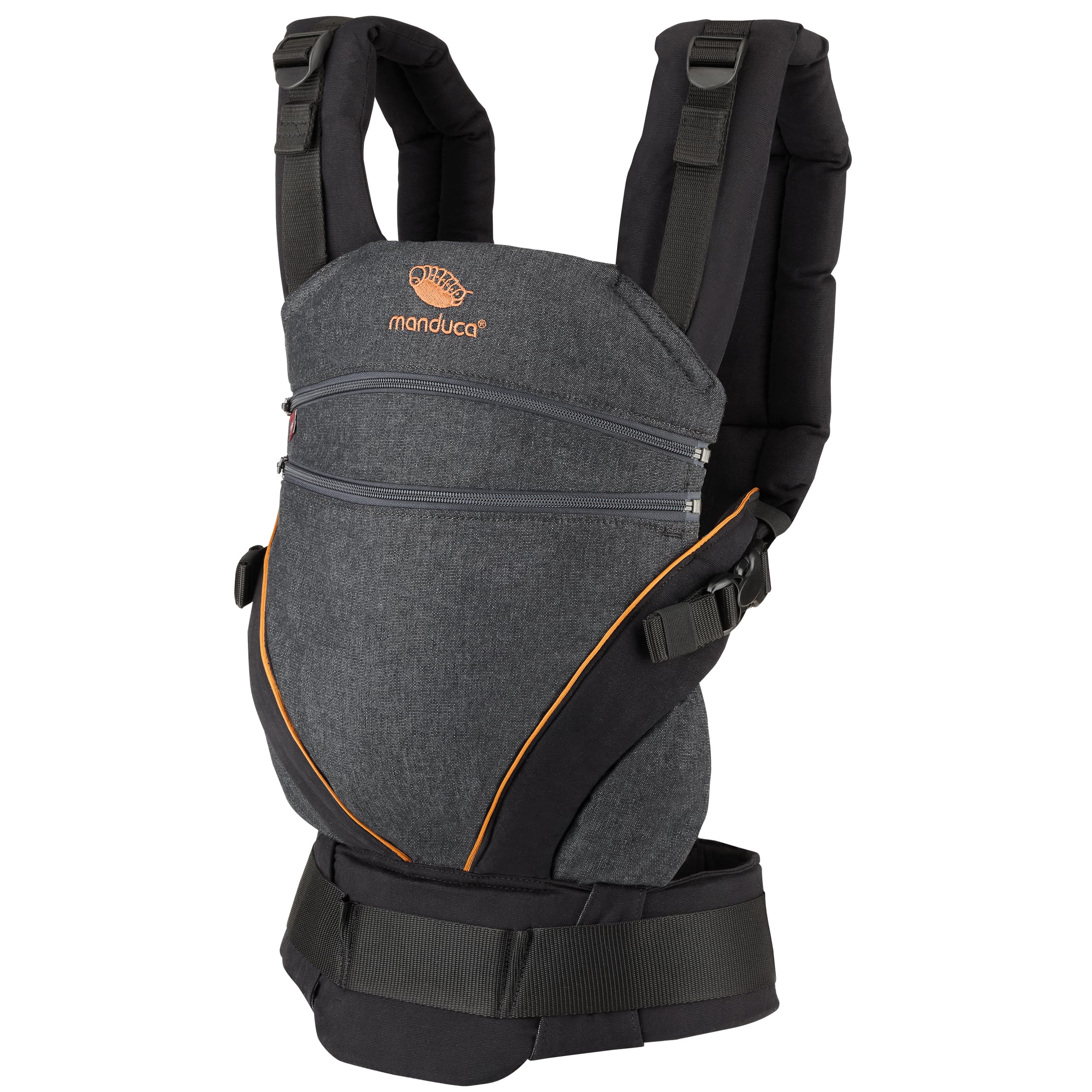 Manduca Xt Marsupio Bambino, Uno per Tutti, Marsupio Ergonomico e Flessibile Con Seduta Regolabile per Neonati e Bambini Fino a 20kg, XT Cotton Edition, Cotone Biologico Denim Nero + Caramello