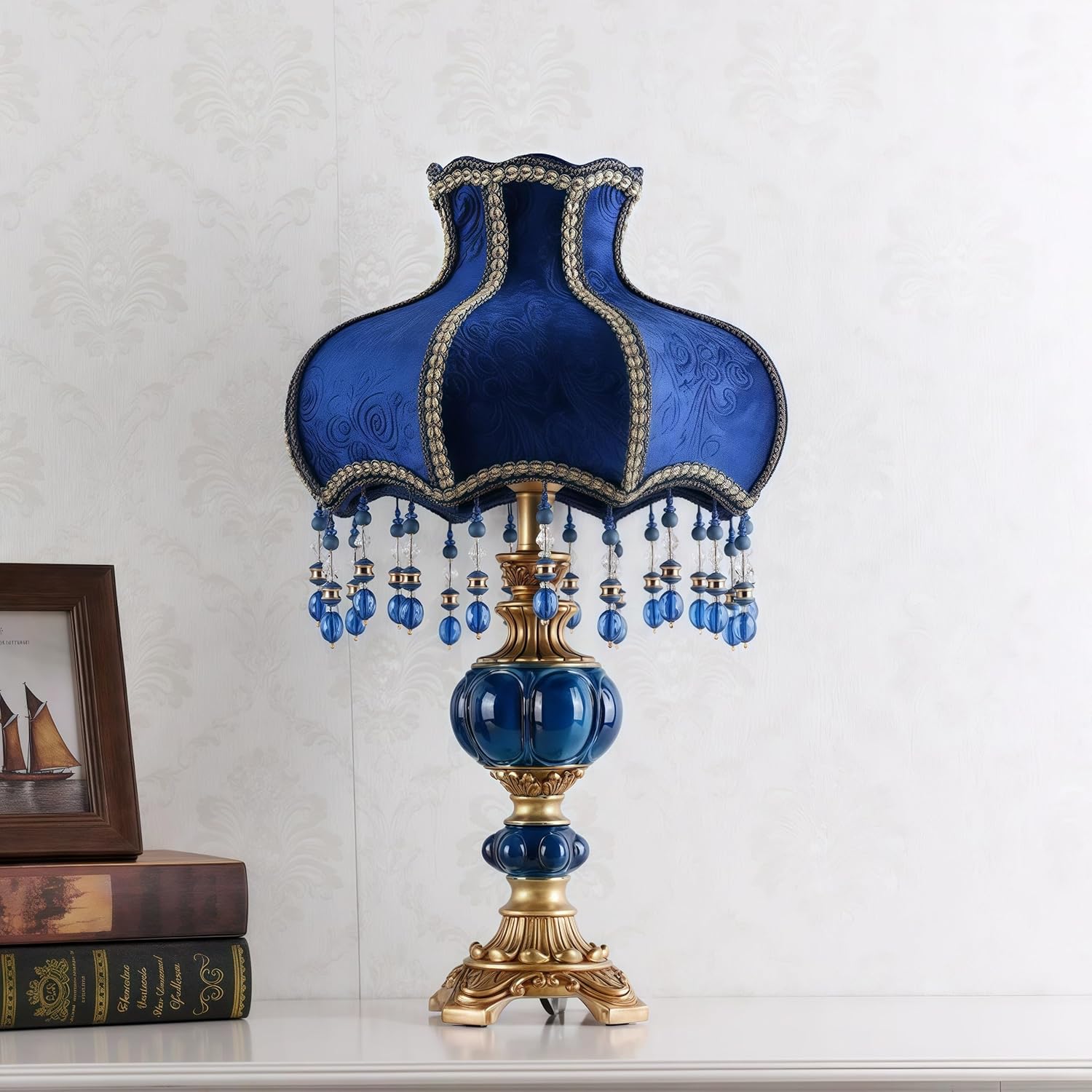 Victorian Table Lamp with LED Bulb, Blue Embroidered Fabric Shade and Resin Base, Vintage Bedside Light for Bedroom or Living Room, 21.6 Inch