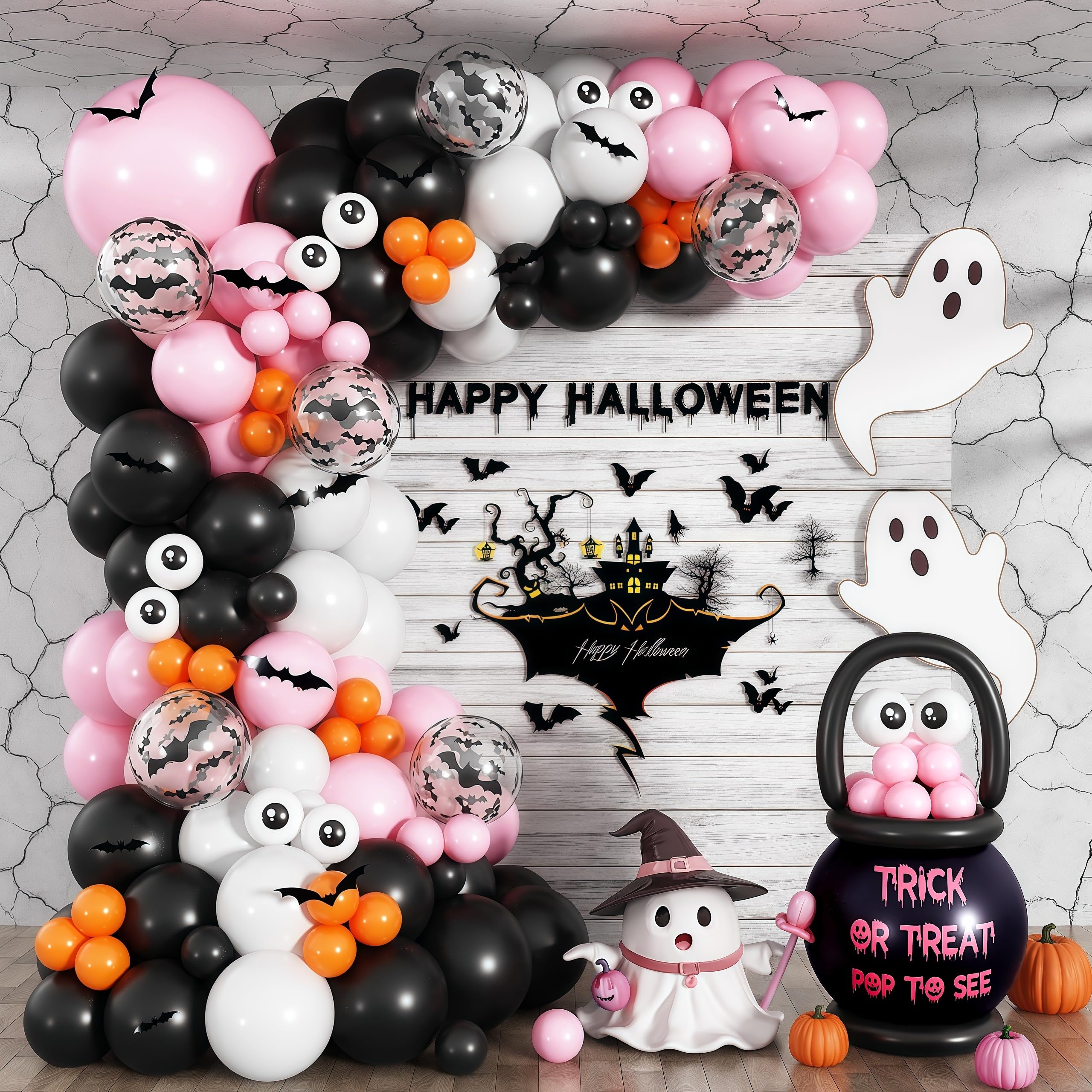 Cute Halloween Balloon Arch Garland Kit, 120pcs Pastel Witch Halloween Balloons with Spider & Bat Decor